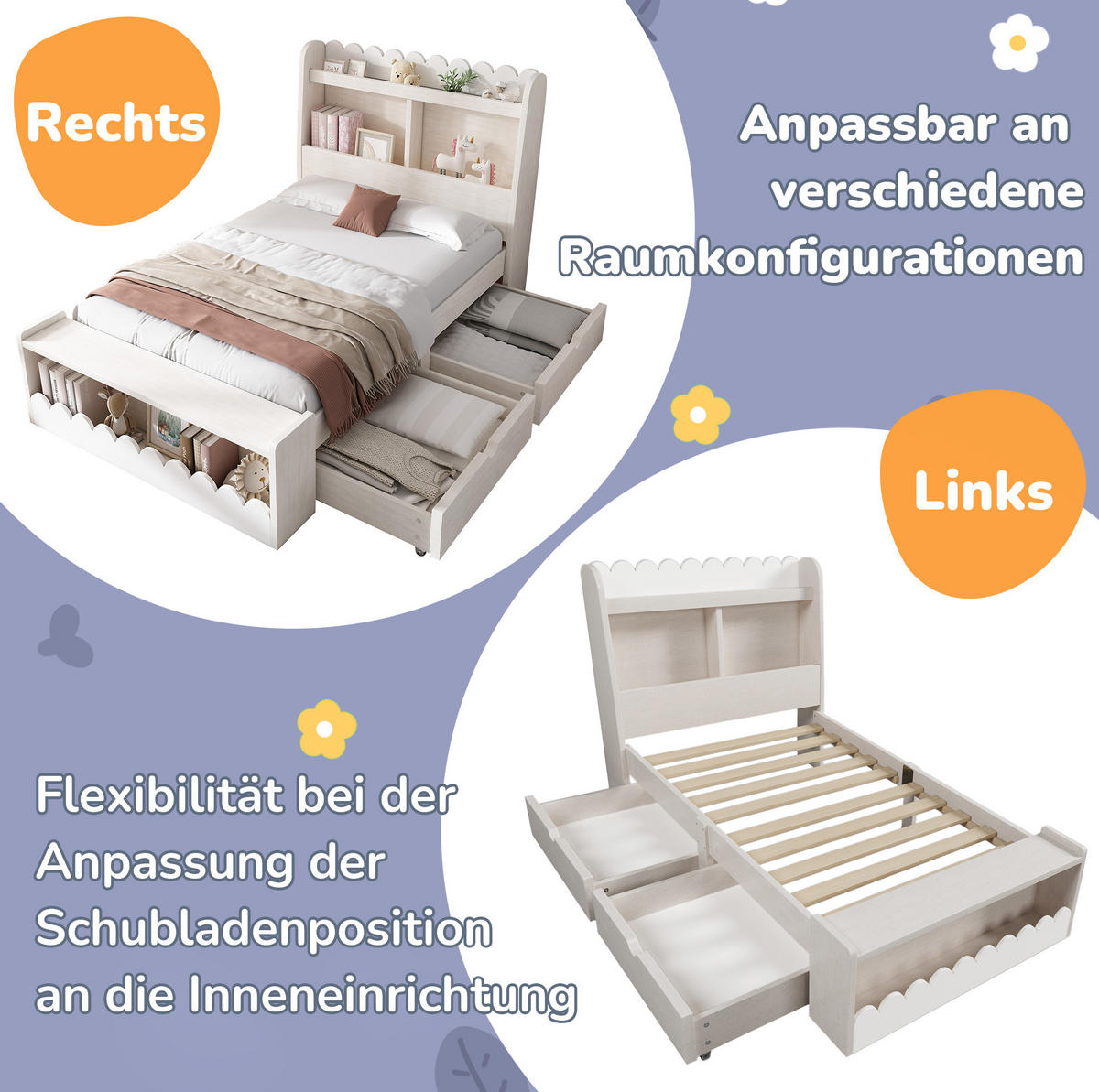 KINDERBETT 90/190 cm mit 2 Schubladen, Regal, Sitzbank und Lattenrost, Weiß/Eichefarben - Weiß, Holzwerkstoff - Redom