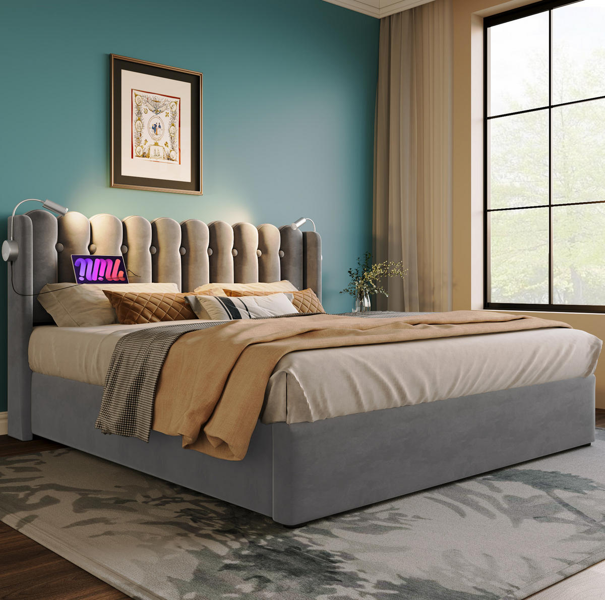 POLSTERBETT 160/200 cm mit USB-Anschluss, Leselicht, Bettkasten, Samt und Matratze, Grau - Grau, Textil (160/160cm) - Redom