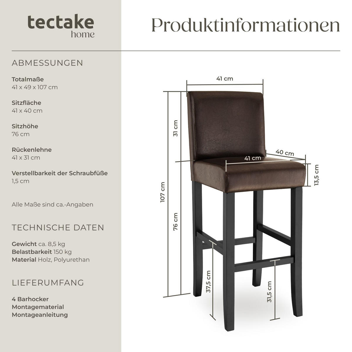BARHOCKER 4er Set Kunstleder, Sitzhöhe 76 cm, antikbraun - Braun, Leder/Holz (40/107/41cm) - tectake