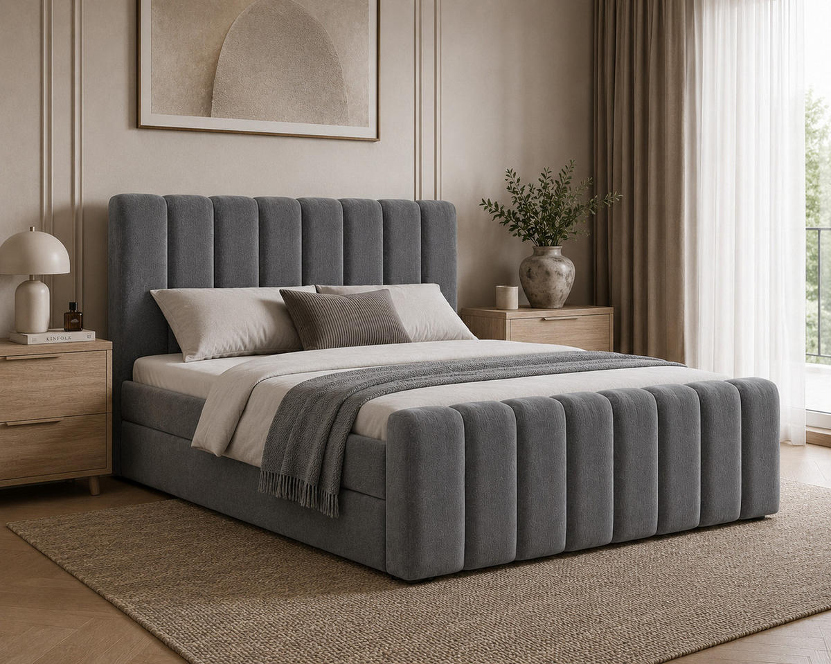 BOXBETT 01 BIS 160 x 200 cm - Vibe - Modernes Polsterbett mit Bettkasten inkl. PU-Schaum-Topper und Federmechanismus - Grau, Holz (160/200cm) - ROYAL24_MARKT