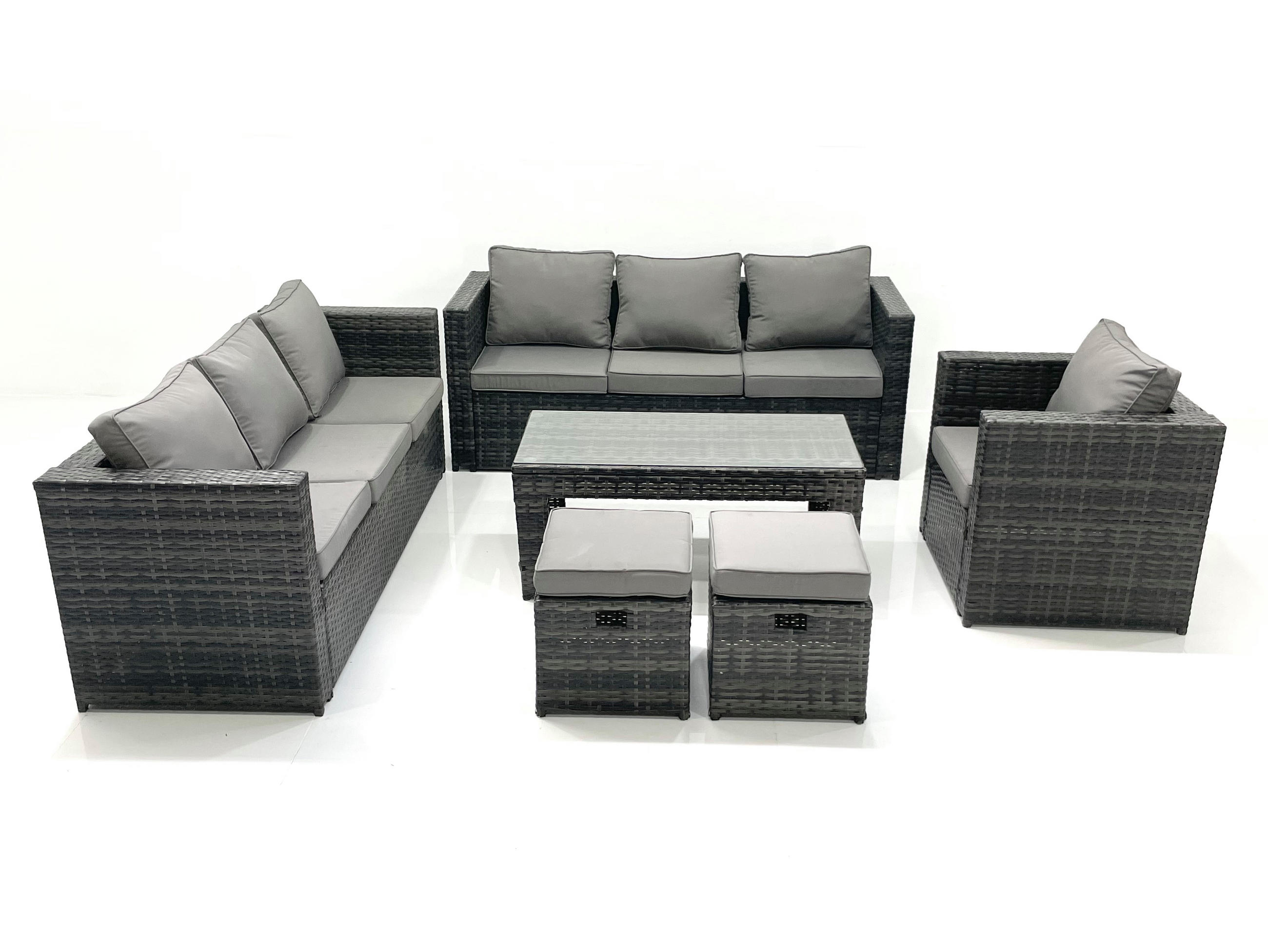 GARTENMÖBEL-SET COUCHTISCH SESSEL SOFA mit HOCKER Polyrattan Dunkelgrau Gemischt 9-Sitzer - Dunkelgrau/Grau, Glas/Kunststoff - Fimous