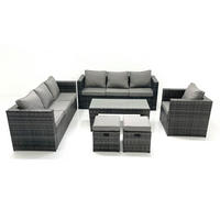 GARTENMÖBEL-SET COUCHTISCH SESSEL SOFA mit HOCKER Polyrattan Dunkelgrau Gemischt 9-Sitzer - Dunkelgrau/Grau, Glas/Kunststoff - Fimous