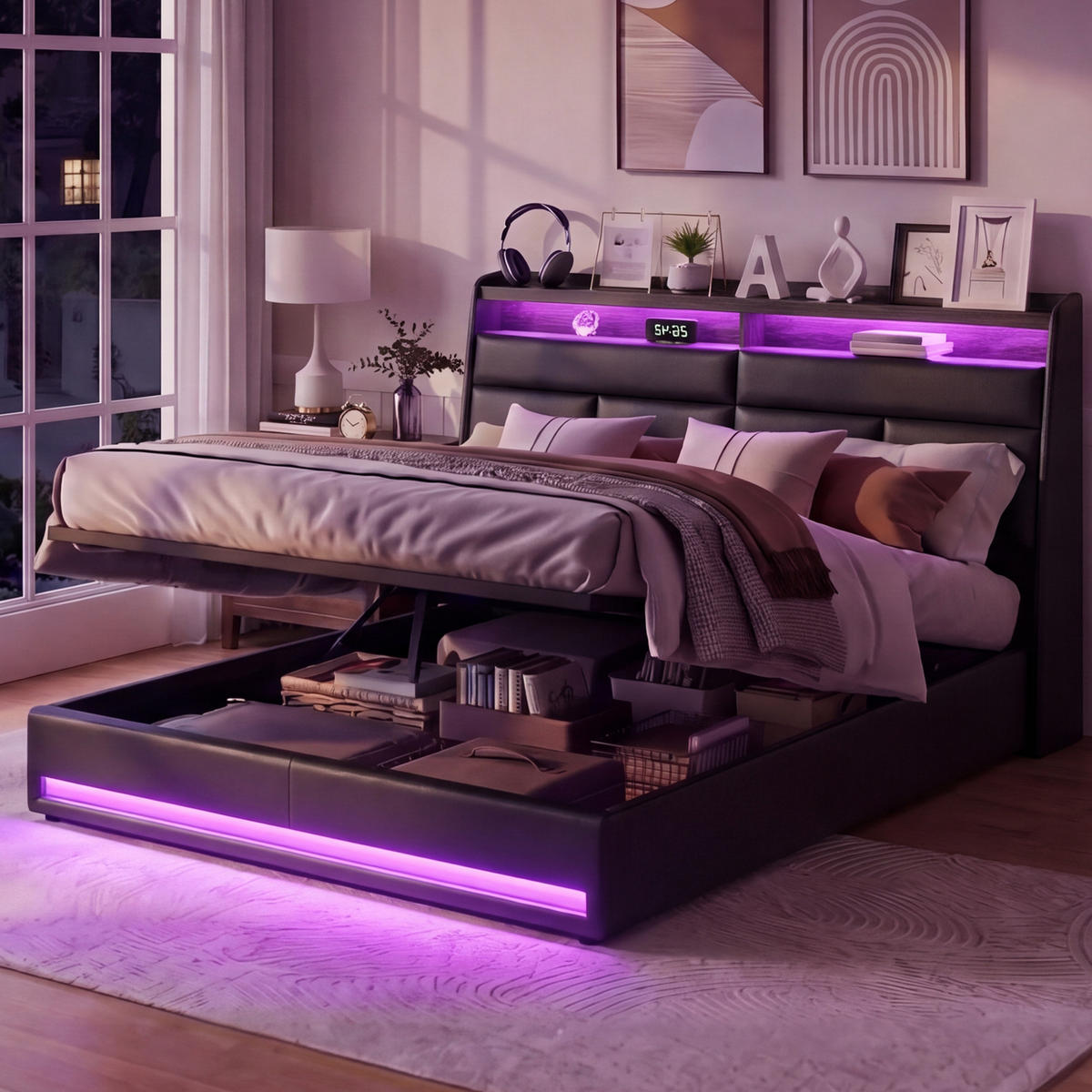 DOPPELBETT 140x200 cm mit Bettkasten LED Ladestation Schwarz Stauraumbett - Schwarz, Holz (140/200cm) - PARAFTA HOME