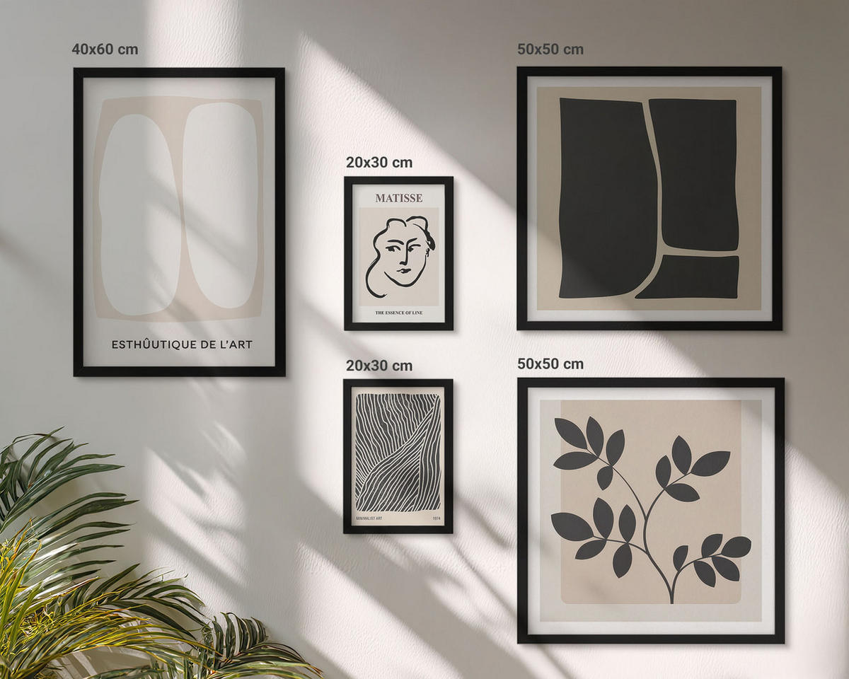 WANDBILDER 5er-Set - 50x50 cm & 20x30 cm & 40x60 cm Schwarzer Rahmen - Minimalistische Pflanzenmuster - Schwarz, Kunststoff (40/60cm) - ArtPrintCave