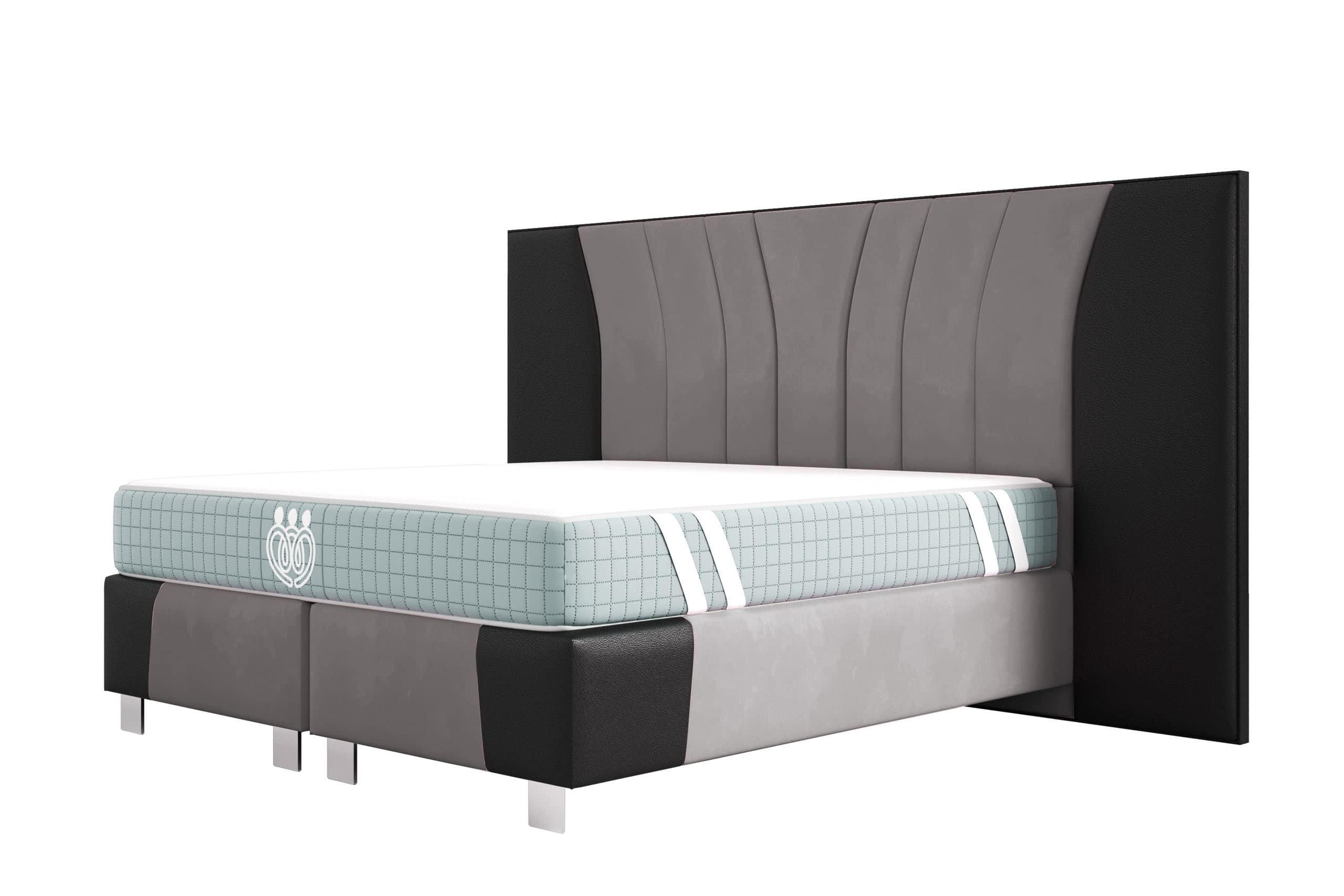 BOXSPRINGBETT IMPERIAL 200x200 cm, Aus Leder und Velvet Bezug, Schwarz Leder + Silbergrau - Silberfarben, Leder/Holz (200/200cm) - Trada