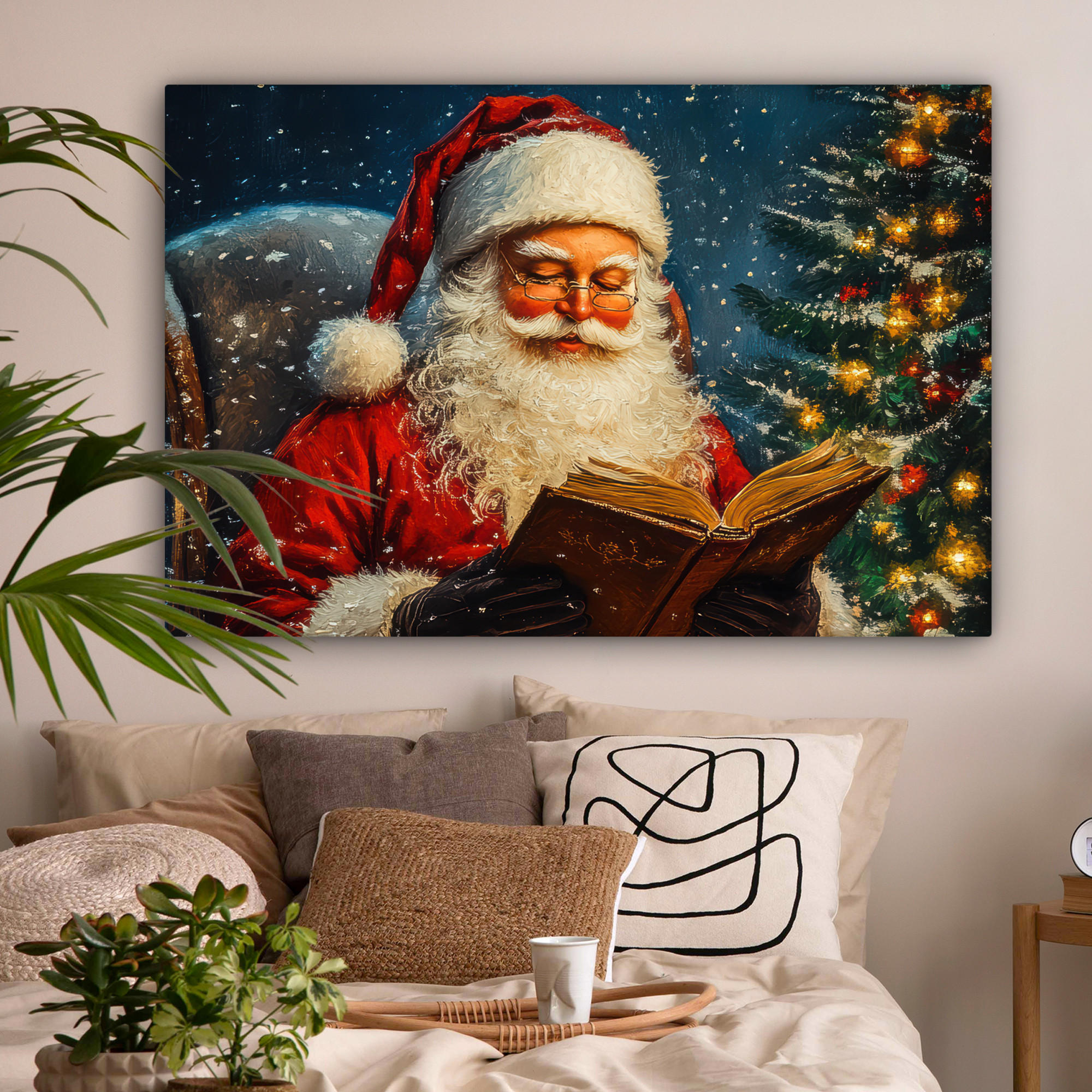 LEINWANDBILD Weihnachtsmann - Weihnachten - Winter - Weihnachtsbaum XXL 150x100 cm - Bordeaux, Textil (150/100cm) - MuchoWow