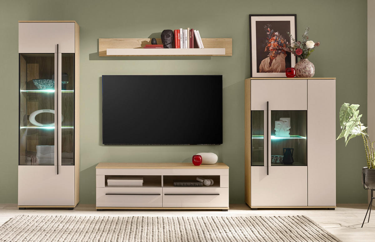 WOHNWAND Kaschmir, Eiche 4-teilig 310 cm, Wohnzimmerschränke mit Soft-Close - Kaschmir/Eichefarben, Glas/Holzwerkstoff (310/200/42cm) - Furn.Design