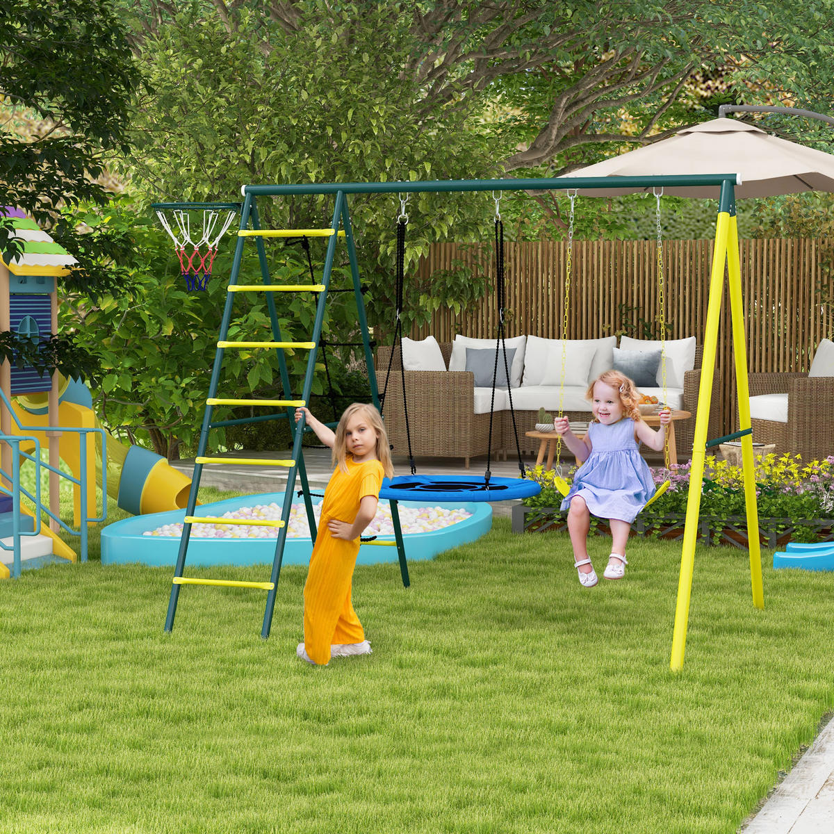 KINDERSCHAUKEL, Stahl, Kunststoff, Gelb+Grün - Gelb, Metall (180/267cm) - Outsunny