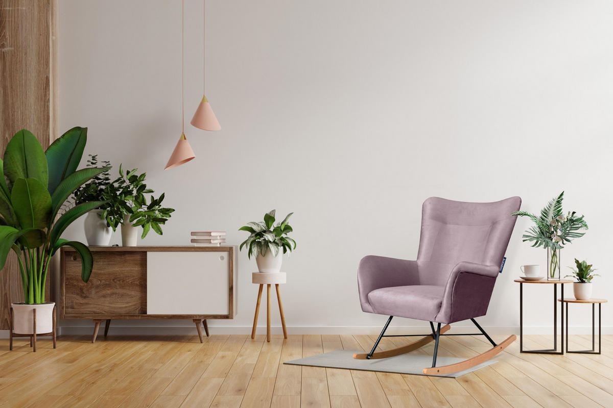 SCHAUKELSESSEL ADDUCTI pflegeleichter Veloursstoff, Rosé - Pink/Eichefarben, Holz/Textil (75/94/112cm) - KONSIMO®
