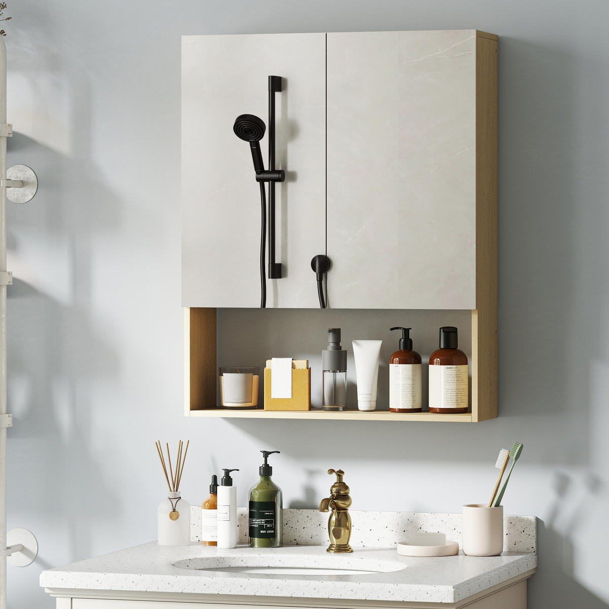 SPIEGELSCHRANK Bad, Badezimmerschrank mit Spiegel Soft-Close, Badschrank Eiche - Eichefarben, Glas/Holzwerkstoff (16.6/75/60cm) - HOMCOM