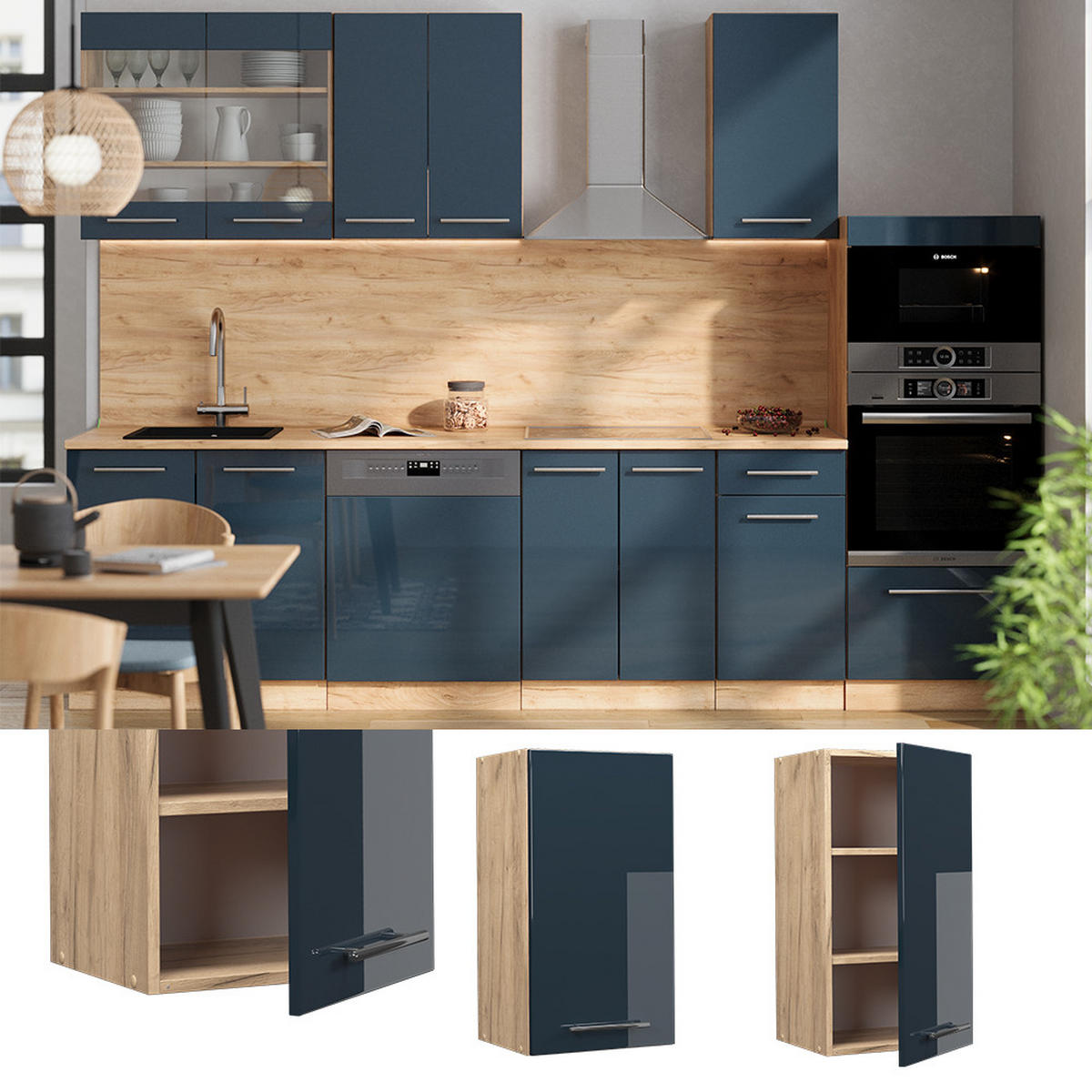 HÄNGESCHRANK Fame-Line Dunkelblau Hochglanz 40 cm - Honigeiche/Eiche Wotan, Holzwerkstoff (40/72/34.1cm) - Vicco