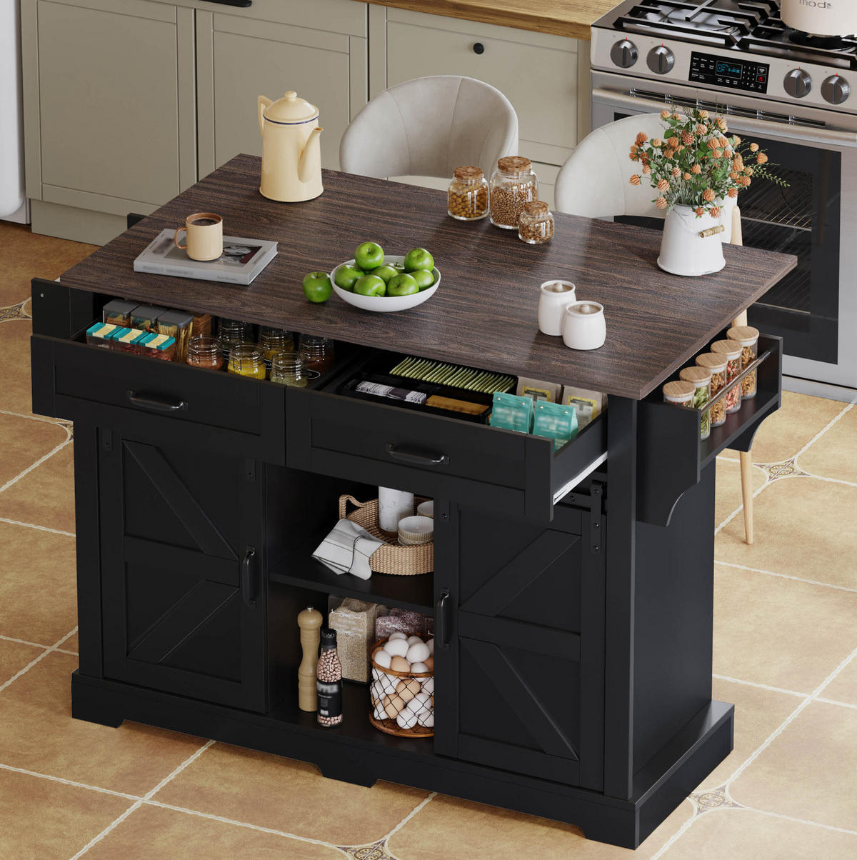 KÜCHENINSEL mit klappbarer Arbeitsplatte 120x45(70)x91 cm Schwarz - Schwarz, Holz (70/91/120cm) - Beauniv
