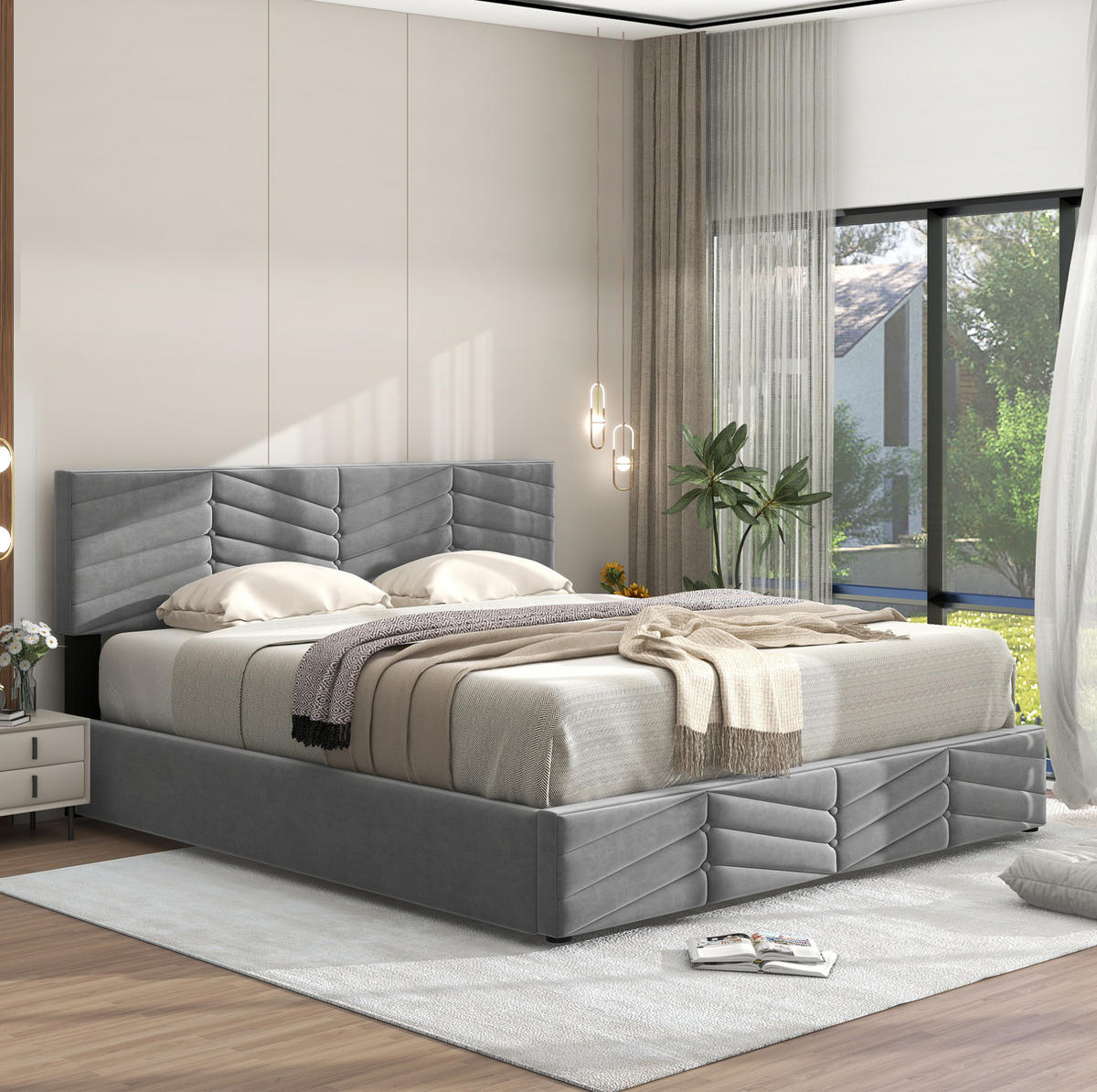 POLSTERBETT 140/200 cm Grau aus Samt mit Bettkasten - Grau, Textil (140/200cm) - OKMYHOME