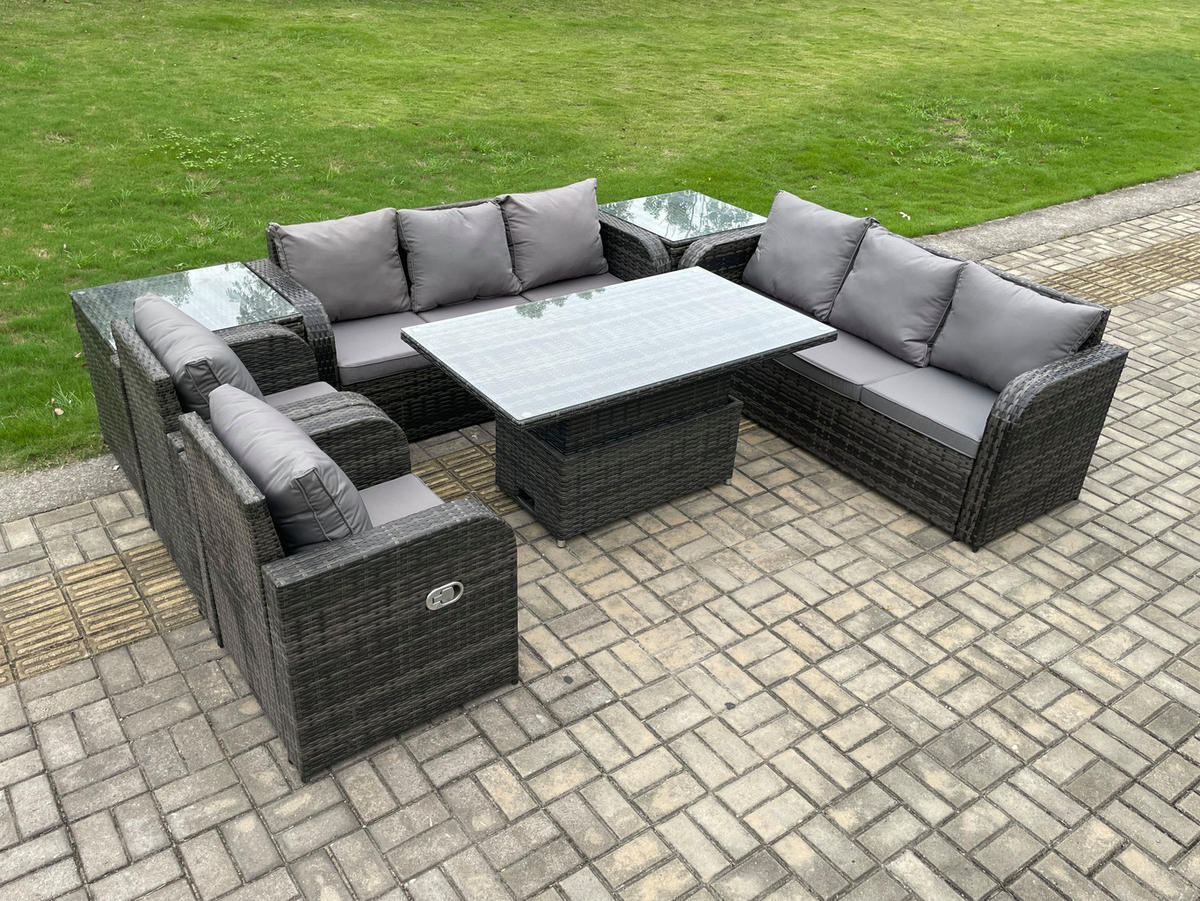 GARTENSOFA SET Polyrattan 8-Sitzer - Dunkelgrau/Grau, Glas/Kunststoff - Fimous