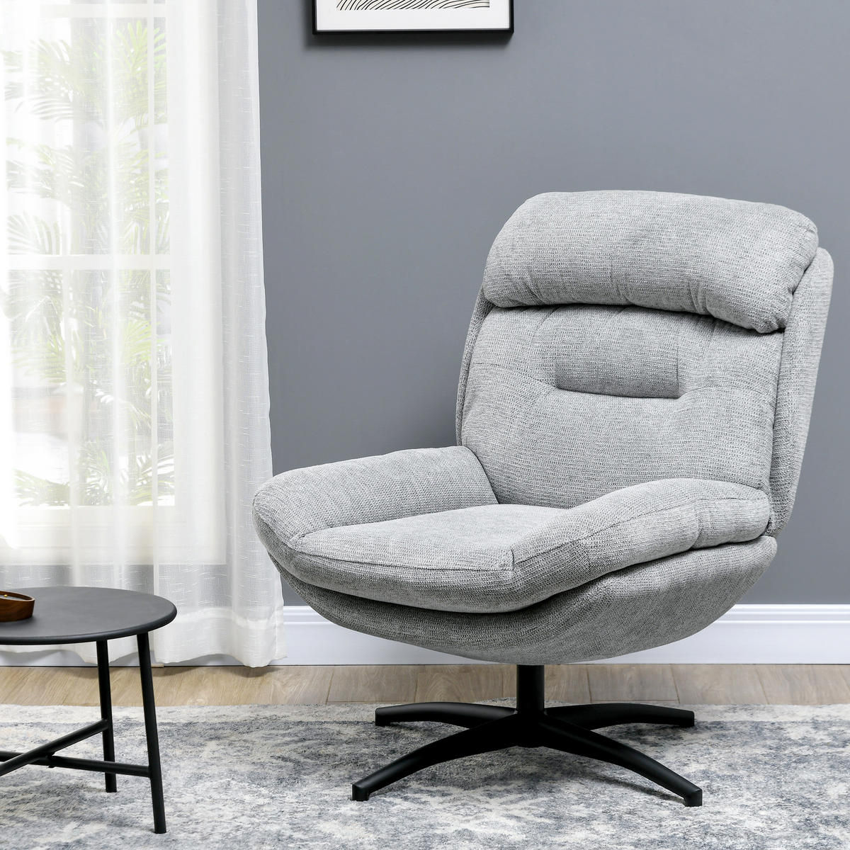 SESSEL Drehbar Loungesessel mit Wasserabweisend Chenille-Optik für Wohnzimmer - Schwarz/Grau, Textil/Metall (91/98/79cm) - HOMCOM