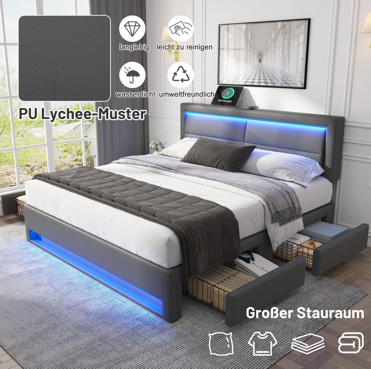 POLSTERBETT 140/200 cm Grau aus PU mit LED und 4 Schubladen - Grau, Kunststoff (140/200cm) - OKMYHOME