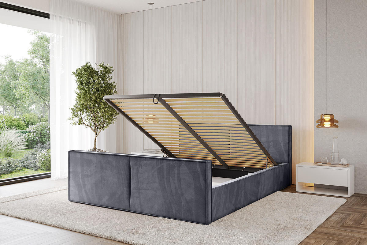 POLSTERBETT mit Bettkasten, Fußteil und Lattenrost, Boxbett mit Matratze H3/H4 - EMMI-Z-V1 180x200 Dunkelgrau - Dunkelgrau, Holzwerkstoff/Textil (180/200cm) - ALTDECOR