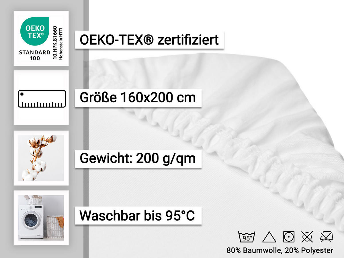 SPANNBETTLAKEN, 160x200 cm, 80% Baumwolle, 20% Polyester, Weiß - Weiß, Naturmaterialien (160/200cm) - Zollner