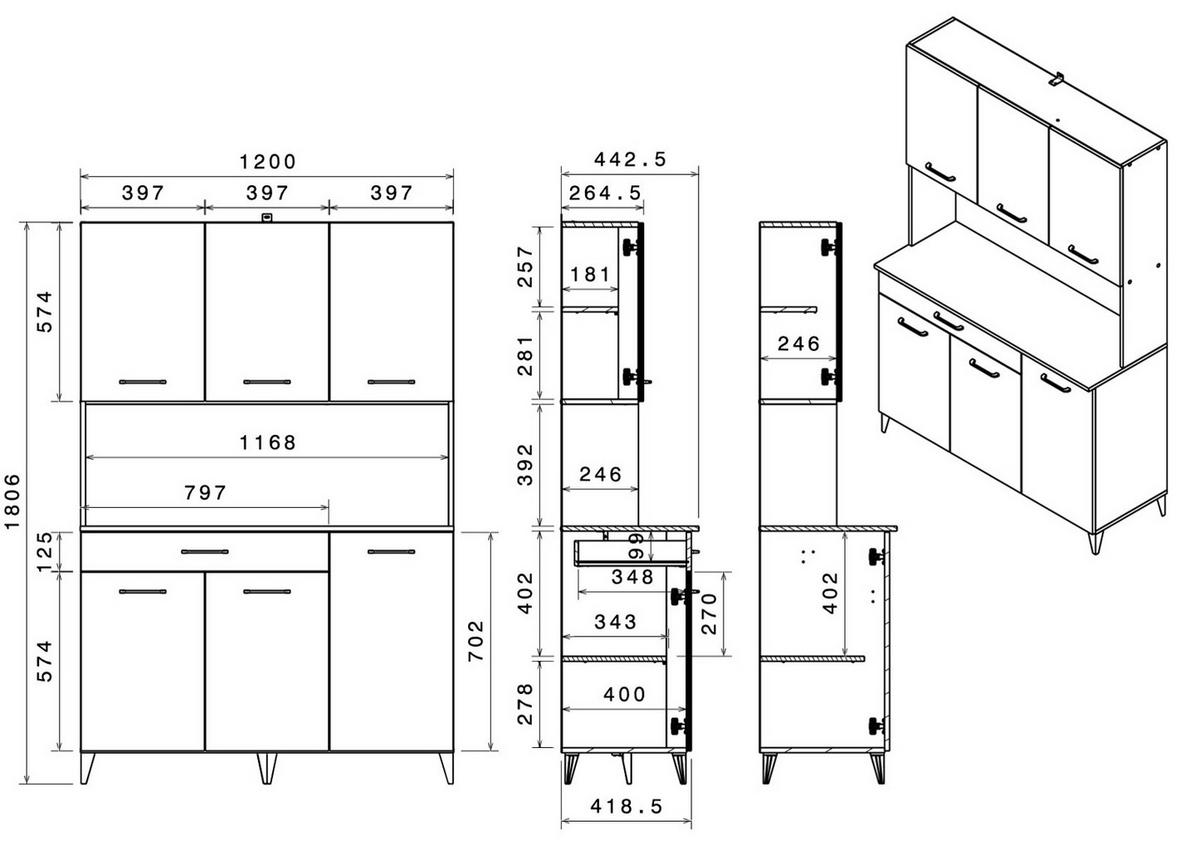 BUFFETSCHRANK grau, weiß, Küchenbuffet 120 cm mit 8 Fächern - Schwarz/Weiß, Holzwerkstoff/Kunststoff (120/180/44cm) - Parisot Meuble