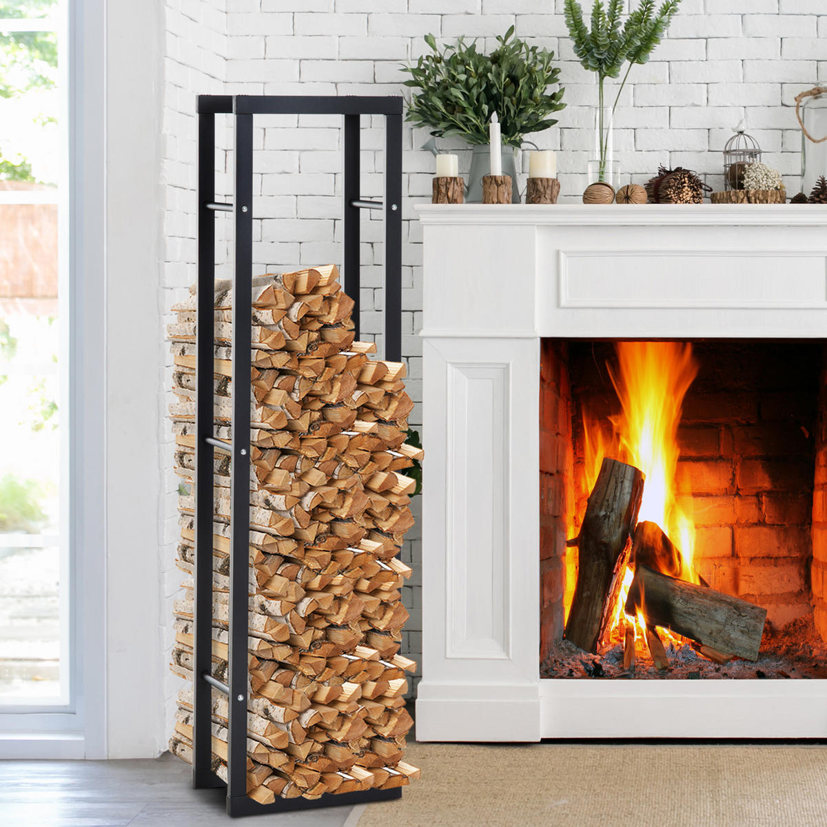 KAMINHOLZREGAL, Stahl, Schwarz, L40 x B25 x H150 cm - Schwarz, Metall (25/150/40cm) - HOMCOM