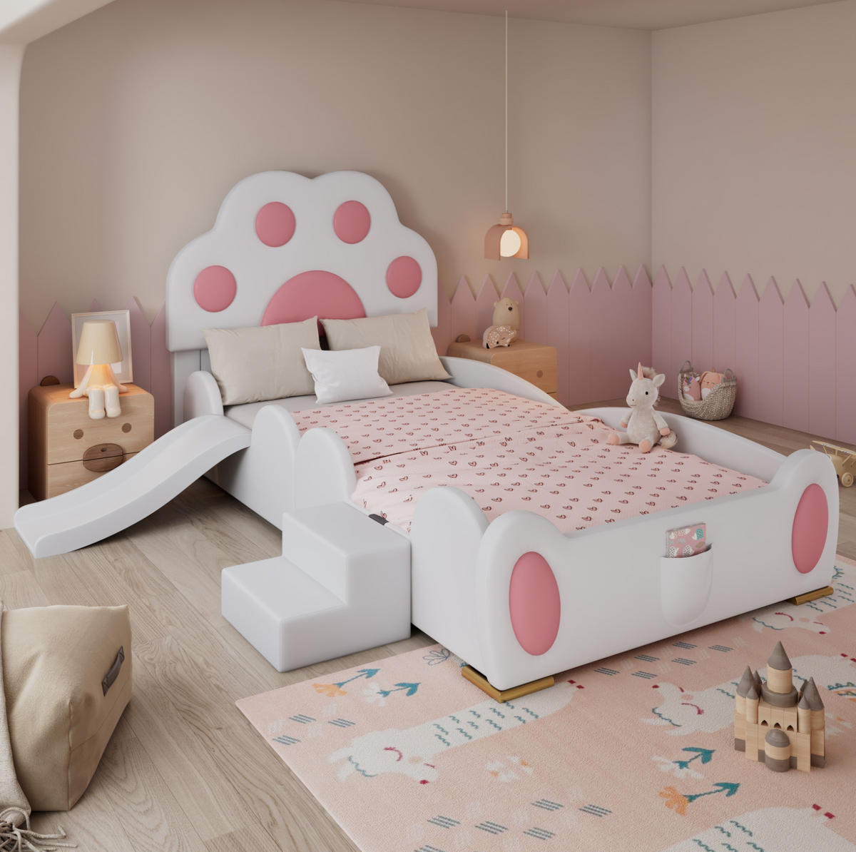 KINDERBETT 90/200 cm weiß und rosa aus PU mit Rutsche und Leiter - Weiß, Kunststoff (90/200cm) - OKWISH