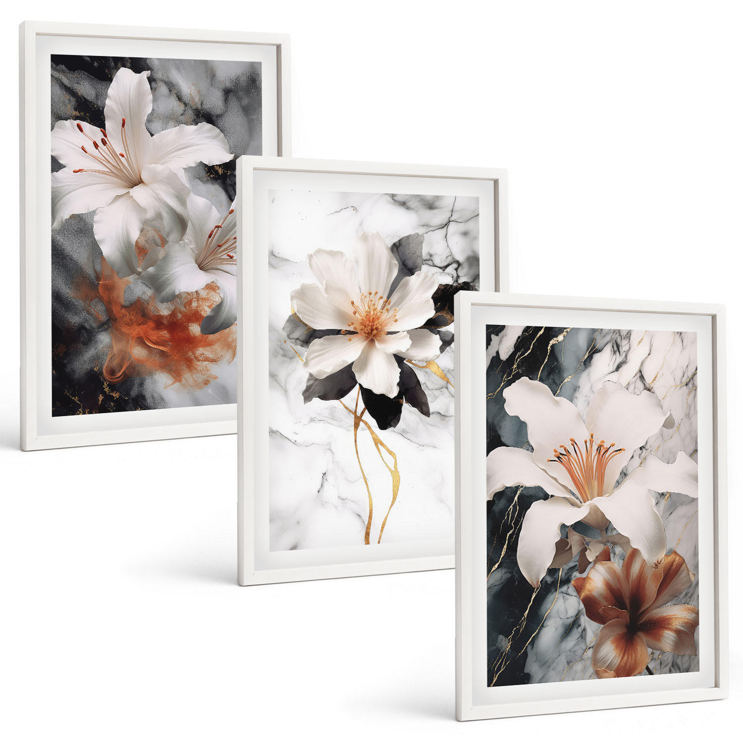 BILDER SET 3er Set - 40x60 cm Weißer Rahmen - Blumen Marmor weiß schwarz - Weiß, Kunststoff (40/60cm) - TULUP
