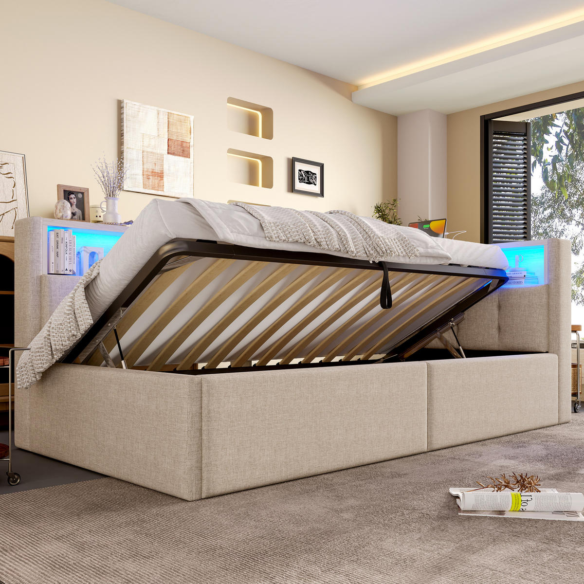 DENNÁ posteľ 90/200 cm béžová z ľanu a MDF s LED osvetlením, úložným priestorom a USB/USB-C - béžová, textil (90/200cm) - OKWISH
