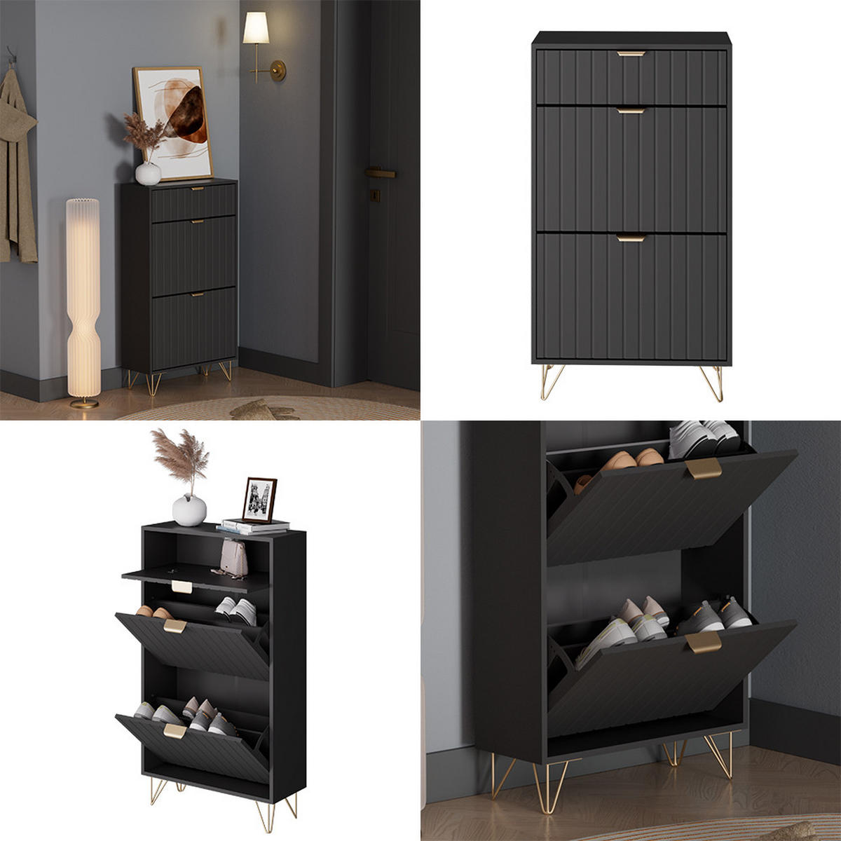 SCHUHSCHRANK Helge Schwarz 60 x 107.5 cm 2 Fächer - Schwarz, Holzwerkstoff (60/107.5/23.5cm) - Vicco