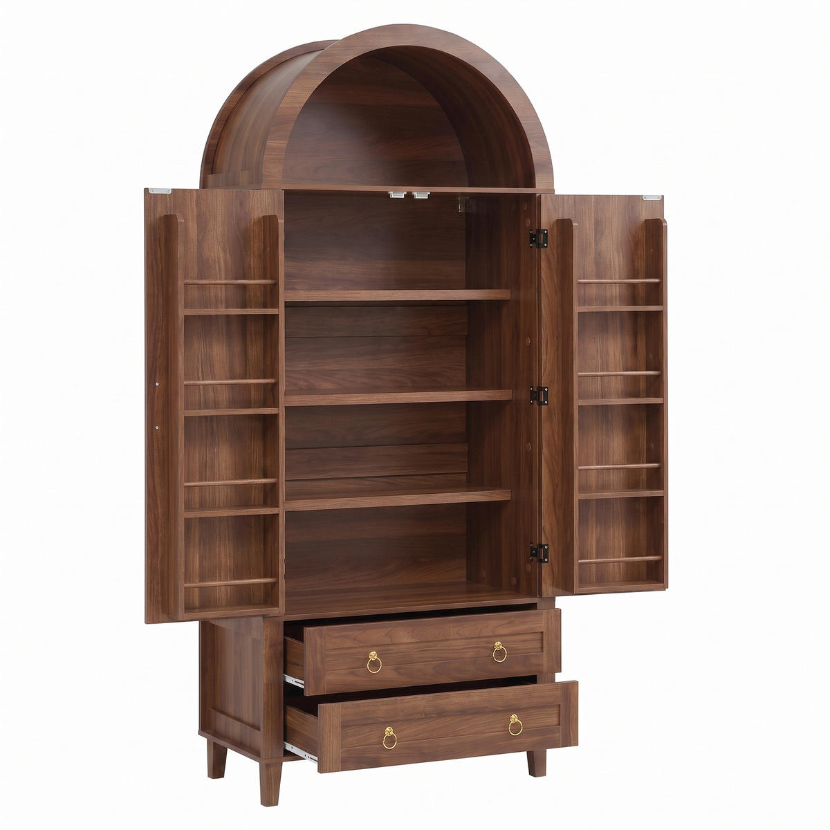 HOCHSCHRANK Nussbaum Bogen-Design mit Rattan-Türen, APP-LED & 2 Schubladen - Walnussfarben, Holzwerkstoff (76/179.5/40cm) - Urban Meuble