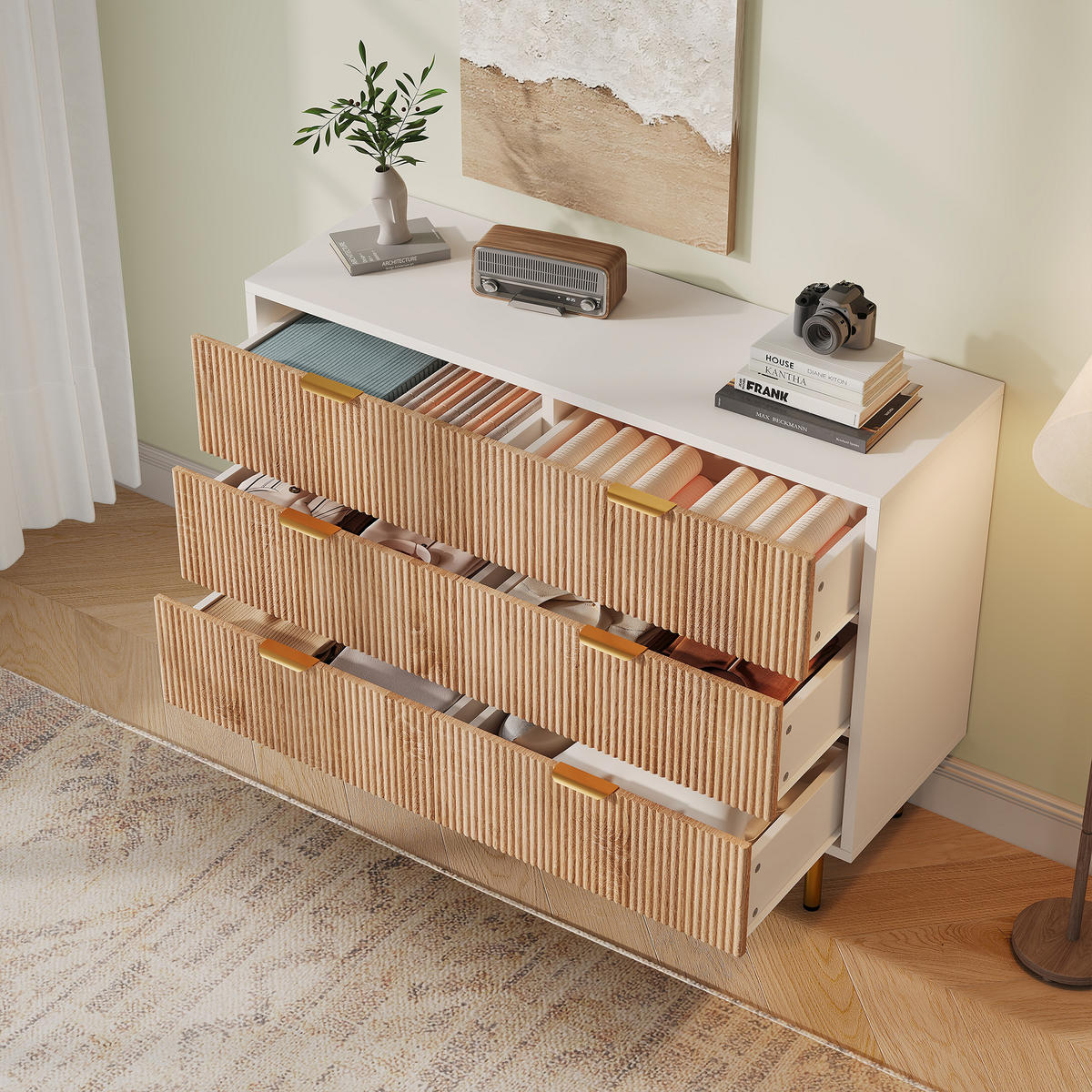 KOMMODE mit 6 Schubladen, Schubladenschrank Holz, in Naturholzfarbe + Weiß - Goldfarben/Naturfarben, Holz/Metall (34/73/100cm) - BPKADHY