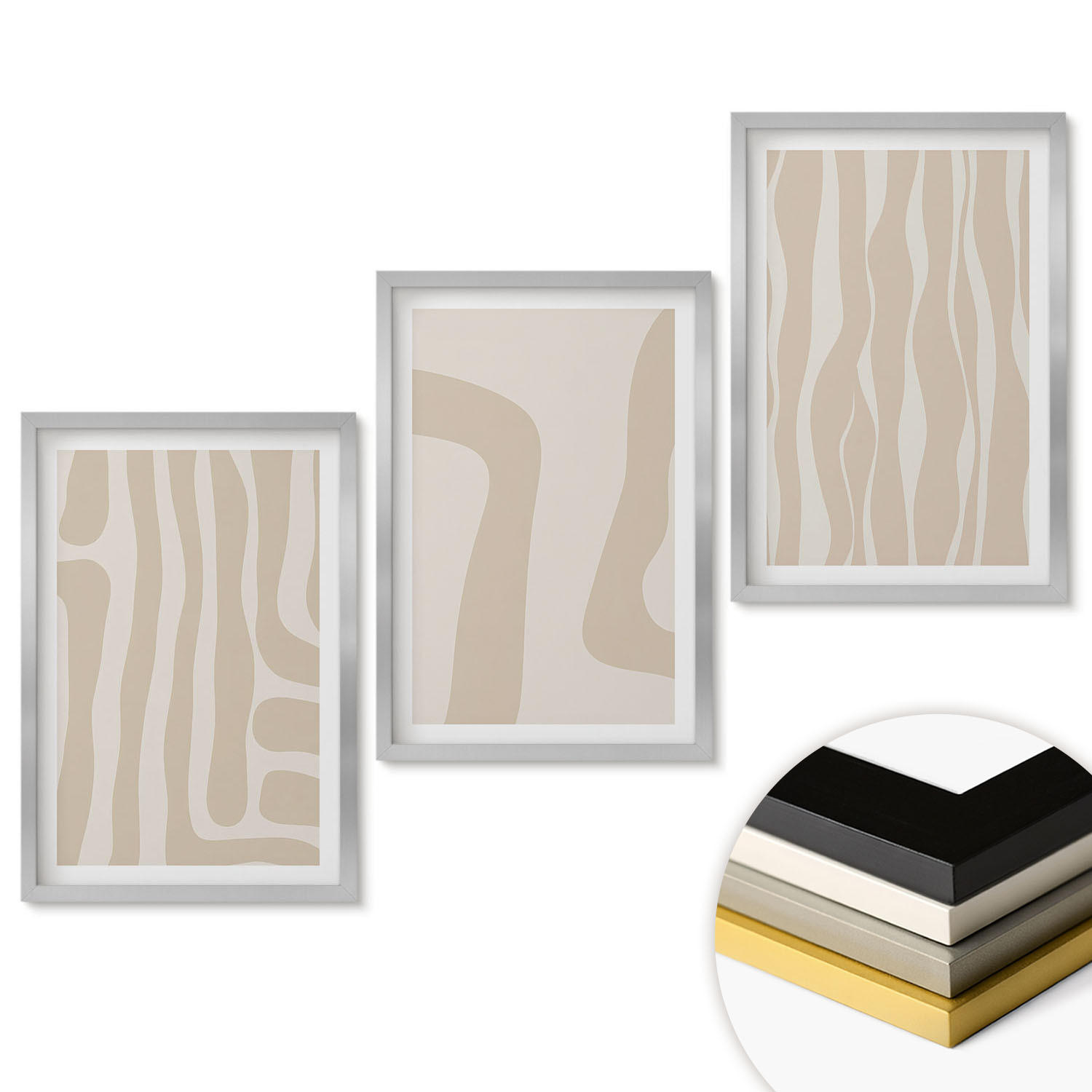 WANDBILDER 3er Set - 40x60 cm Silberner Rahmen - Abstrakte Boho-Muster - Silberfarben, Kunststoff (40/60cm) - ArtPrintCave