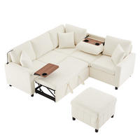SOFA Beige Ecksofa Chenille USB Schlaffunktion Couchtisch 205cm - Beige, Textil (205/85/205cm) - FLIEKS