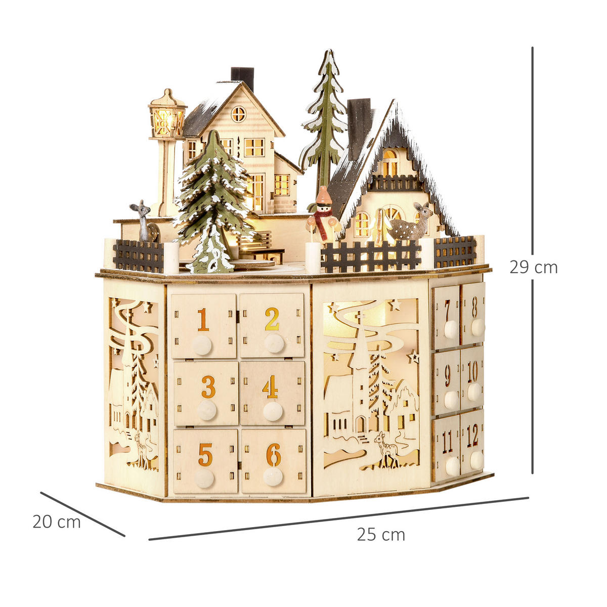 ADVENTSKALENDER Adventskalenderbox mit LED-Lichtern 24 Schubladen Natur - Naturfarben, Holz (20/29/25cm) - HOMCOM