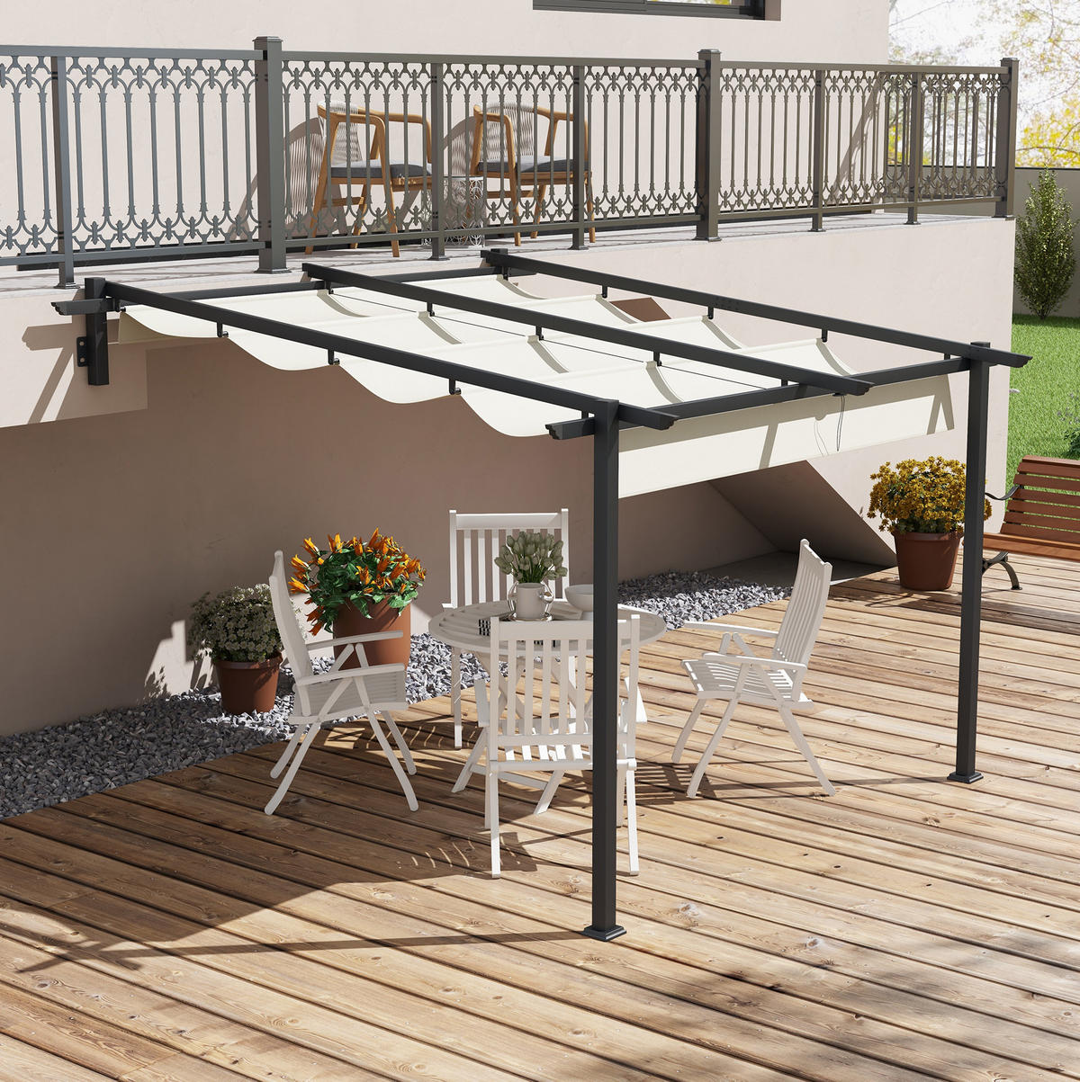 PERGOLA aus Aluminium 297x297x200/230 cm in Beige mit ausziehbarem Stoffdach - Beige, Metall (297/230/297cm) - Modfu