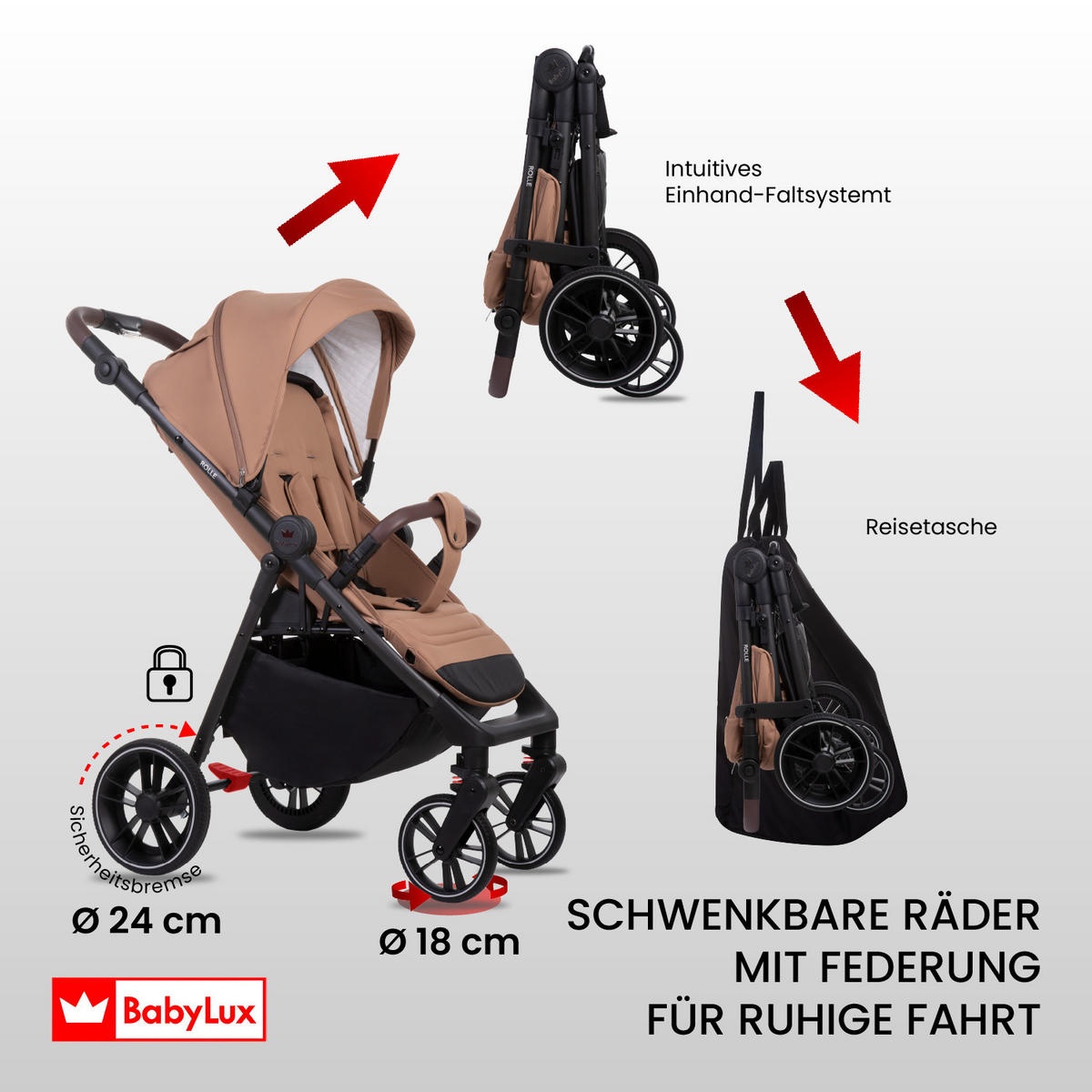 BUGGY Rolle, Klein und Leicht, Teleskopische Führung, Kompakt Faltbar, Wickeltasche, Reisetasche - Schwarz/Weiß, Textil/Metall (58/99cm) - BabyLux