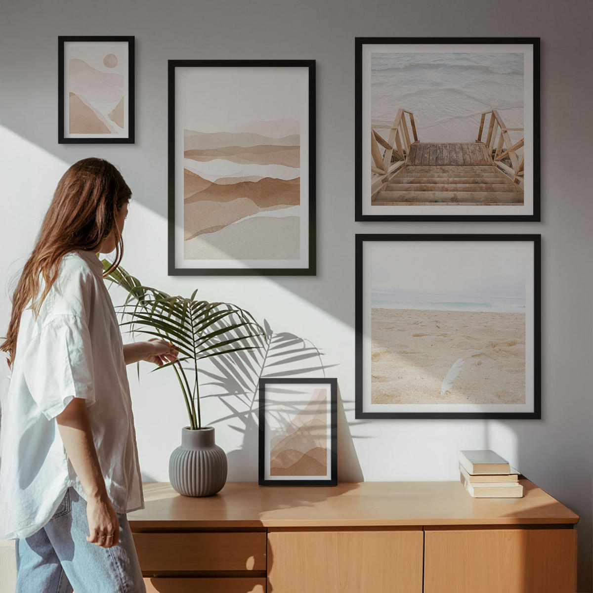 WANDBILDER 5er-Set - 50x50 cm & 20x30 cm & 40x60 cm Schwarzer Rahmen - Abstrakte braune Landschaften - Schwarz, Kunststoff (40/60cm) - ArtPrintCave