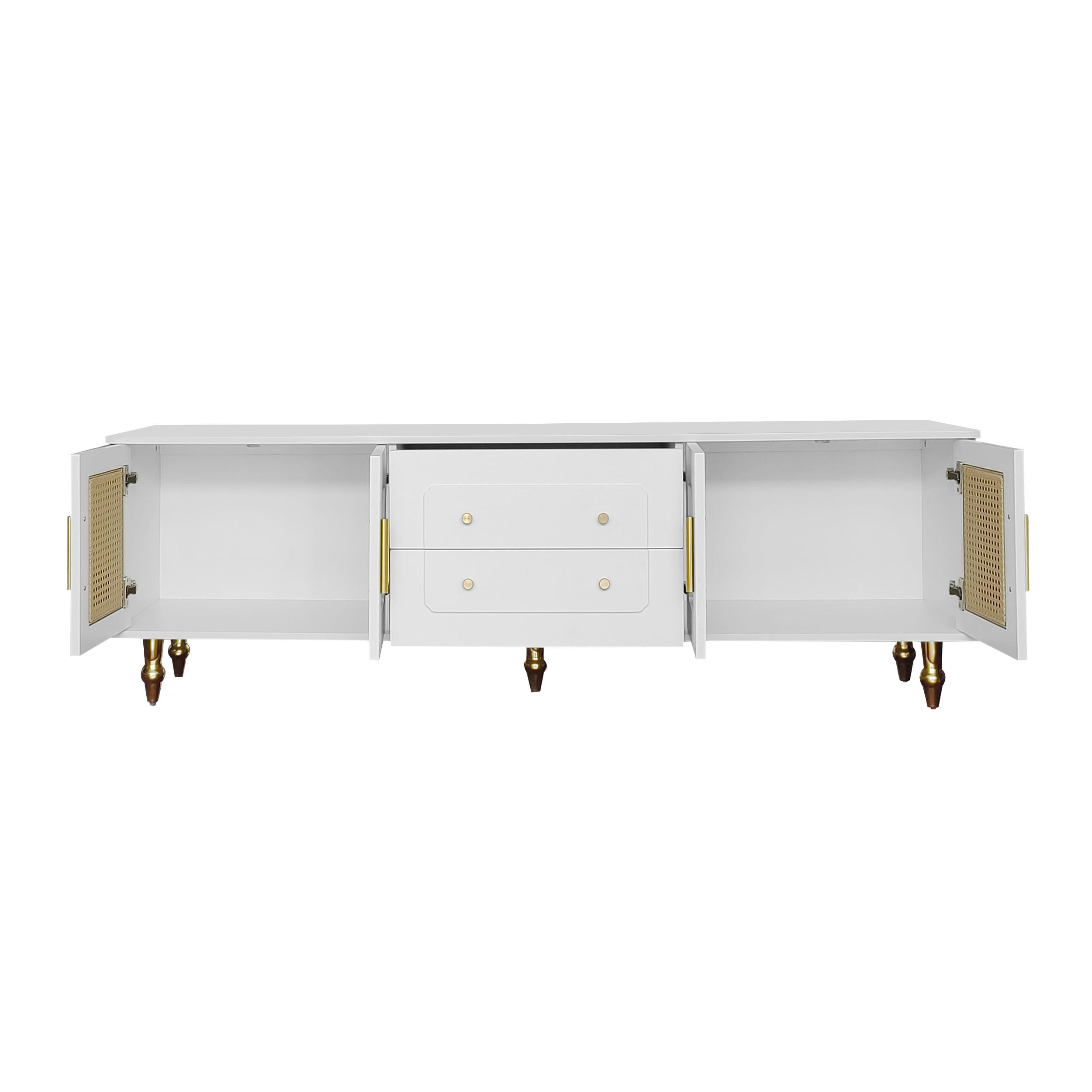 TV-SCHRANK 175/38/55,5 cm weiß mit Rattantüren und goldenen Griffen - Weiß, Holzwerkstoff (175/55.5/38cm) - OKWISH