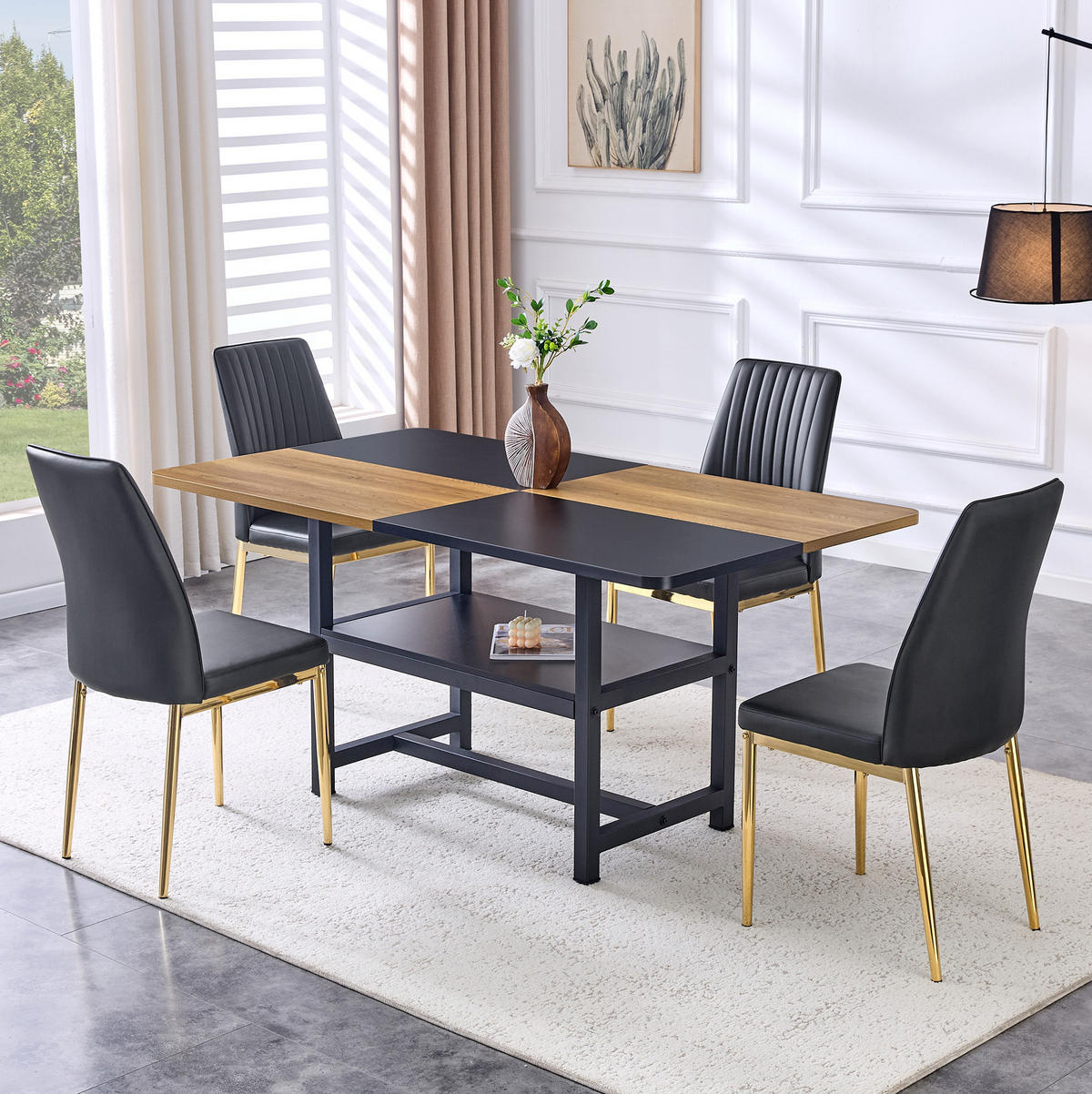 ESSTISCH-SET 4er-Set 160 cm Schwarz/Gold - Schwarz, Metall (90/76/160cm) - Meubliv
