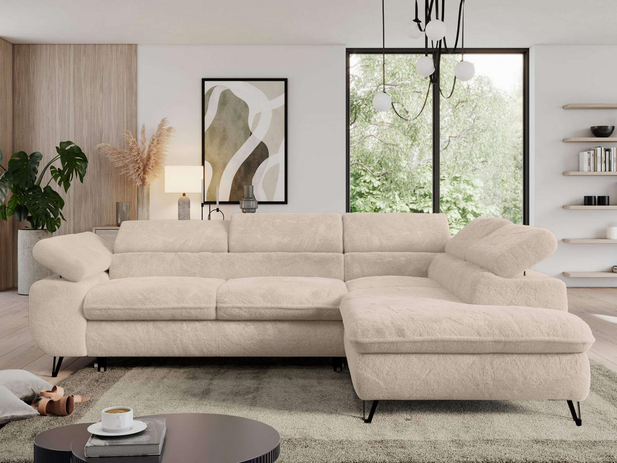 ECKSOFA PEDRO L Ecru Plüsch - Rechts Seite - Ecru/Schwarz, Textil/Metall (273/208cm) - MKS