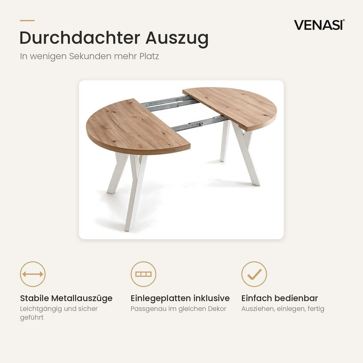 ESSTISCH ausziehbar rund ATO, 100-200 cm, Dekor Artisan, weiße Holzbeine - Dunkelbraun/Weiß, Holzwerkstoff/Buchenholz (100/100/77cm) - VENASI MÖBEL