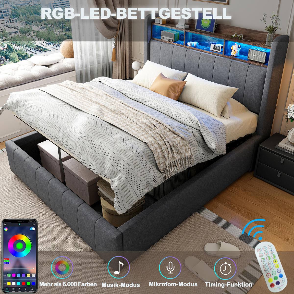 ČALÚNENÁ posteľ 160/200 cm s LED osvetlením, USB-C a hydraulickým úložným priestorom z ľanového poťahu, Sivá - sivá, textil (160/200cm) - Redom