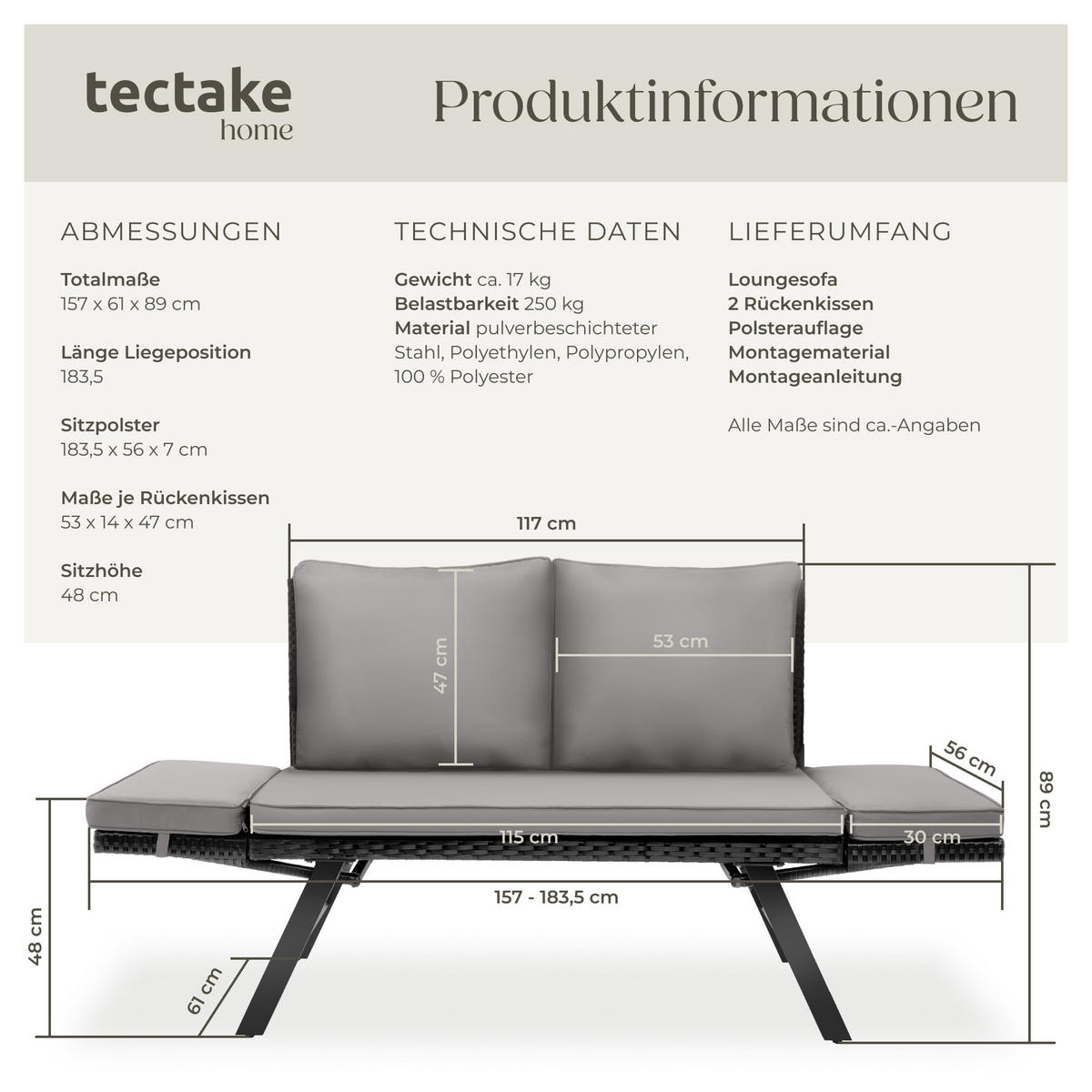 RATTAN-LOUNGESOFA Sintra,157 x 61 x 89 cm,hellgrau/schwarz - Hellgrau/Schwarz, Kunststoff/Textil (157/89/61cm) - tectake