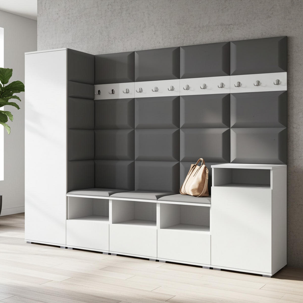 GARDEROBE NELA XI 250 cm (Modulare Flurmöbel Weiß mit Sitzpolster Dunkelgrau 15 Großes Set) - Dunkelgrau/Silberfarben, Holz/Holzwerkstoff (250/187/40cm) - Ravio