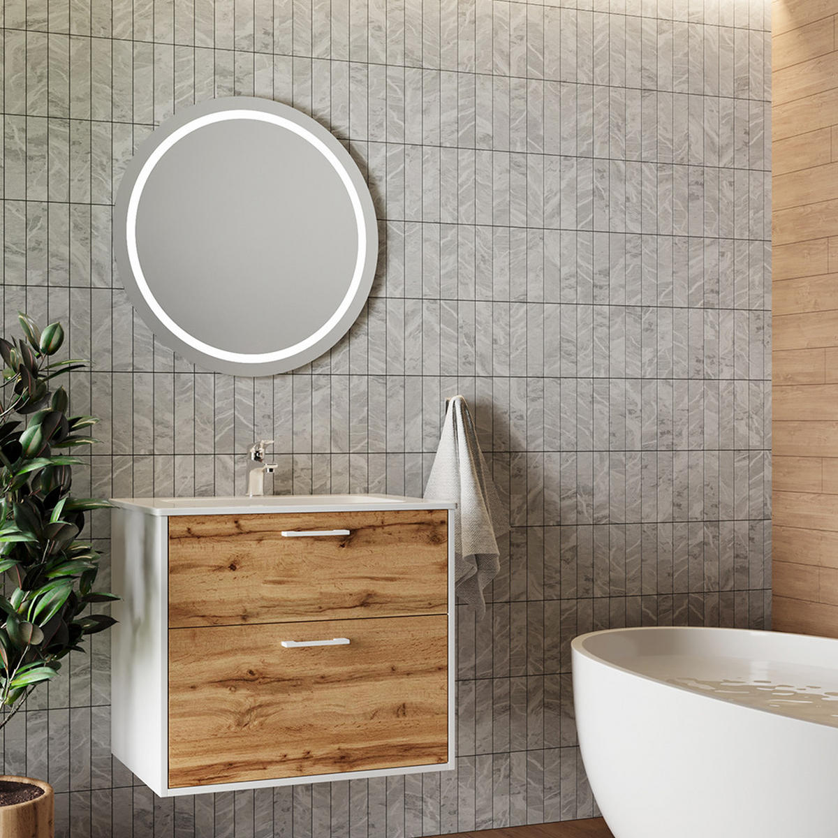 WASCHBECKENUNTERSCHRANK Lanco Weiß/Goldkraft Eiche 80 x 61.5 cm mit Waschbecken - Honigeiche/Weiß, Holzwerkstoff (80/61.5/45.5cm) - Vicco