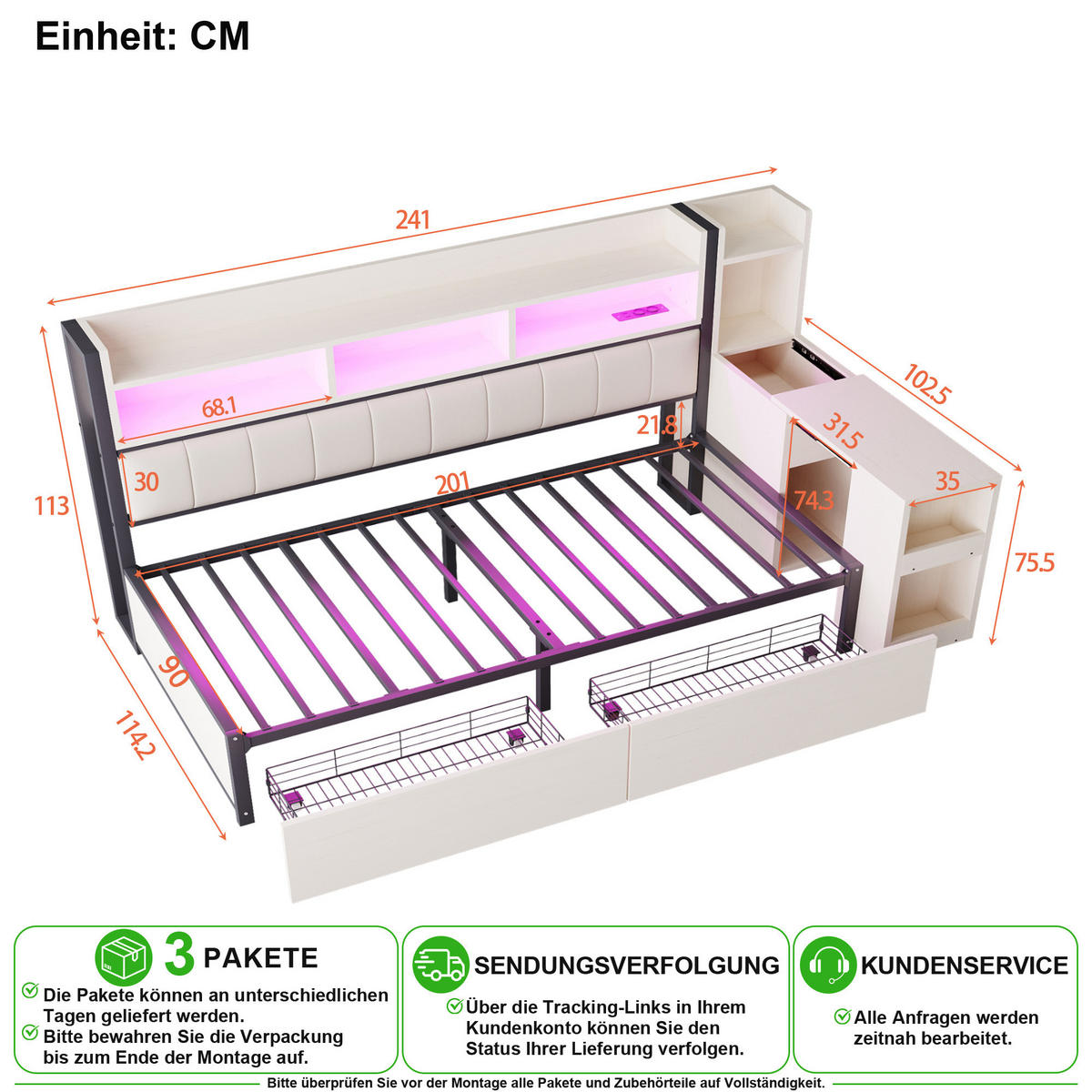 METALLBETT 90/200 cm in Weiß & Natur mit 2 Schubladen, Schreibtisch, Steckdosen und Stauraum - Weiß, Holzwerkstoff/Metall (90/200cm) - CHICFURN