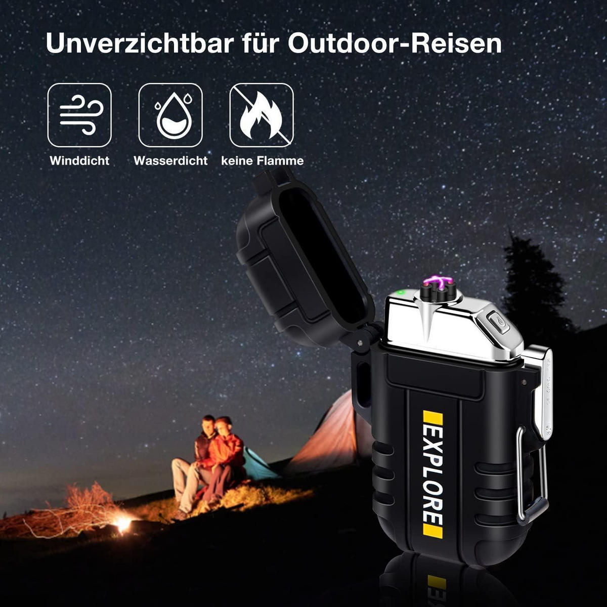 FEUERZEUG Elektrisch Wasserdicht Winddicht USB Wiederaufladbar Plasma mit Notfall-Pfeife Schwarz - Schwarz, Metall (4.7/1.8/7cm)
