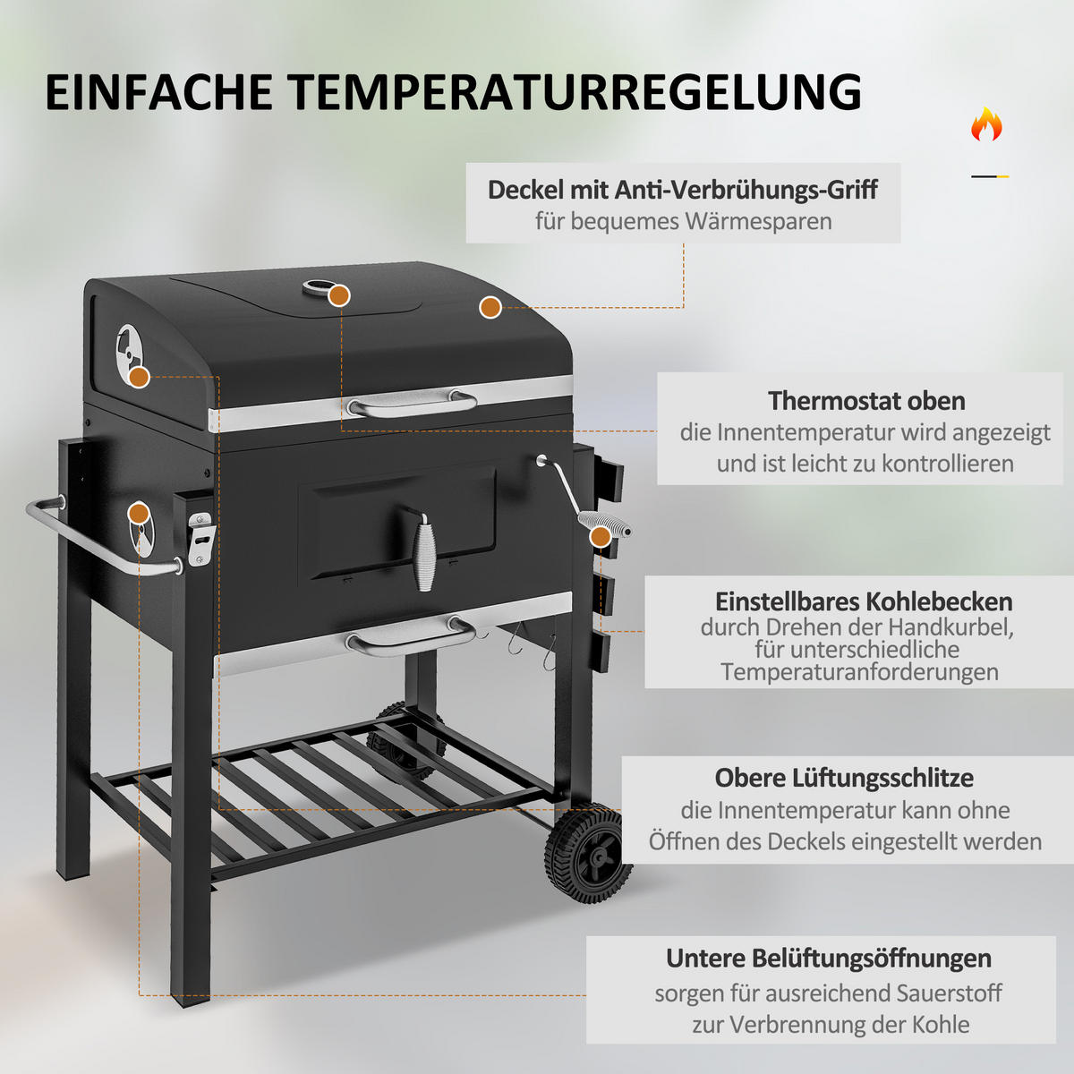 HOLZKOHLEGRILL - Schwarz, Metall (65/108/113cm) - Outsunny