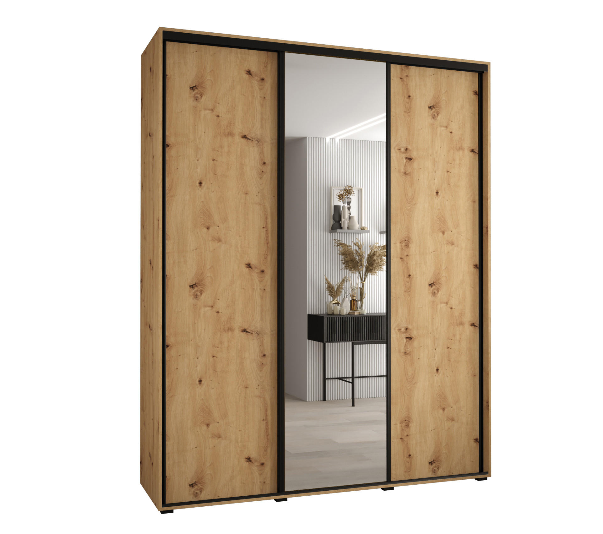 Abiks Möbel Schwebetürenschrank Eiche Artisan, Eiche Artisan, Schwarz 200x235x45 cm