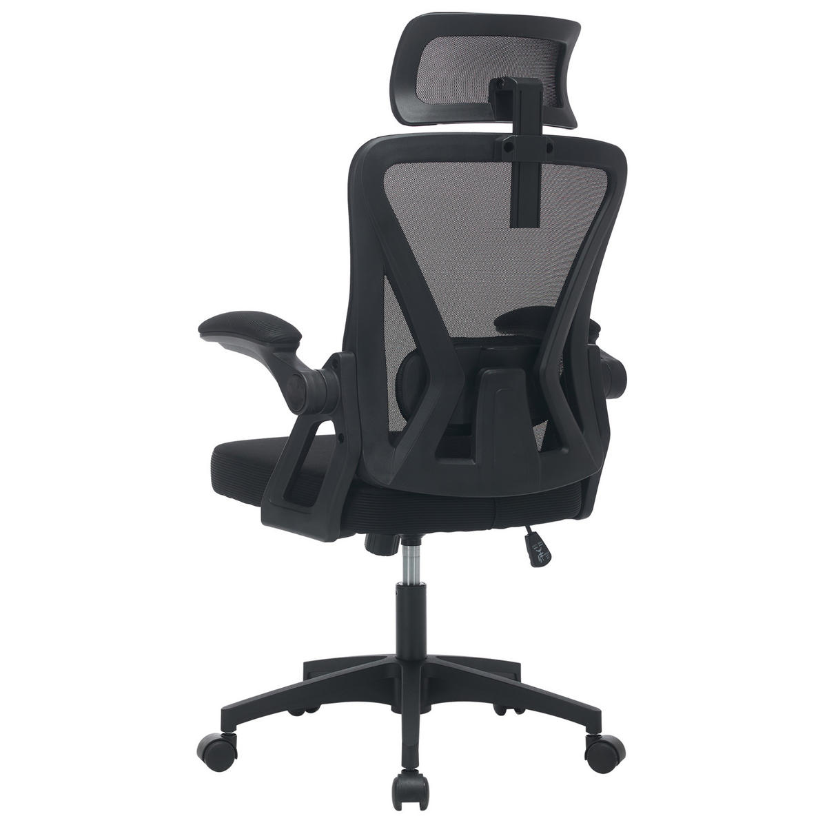 BÜROSTUHL ergonomisch mit Kopfstütze und Klapparmlehnen Schwarz - Schwarz, Kunststoff (65/108/58cm) - Meubliv