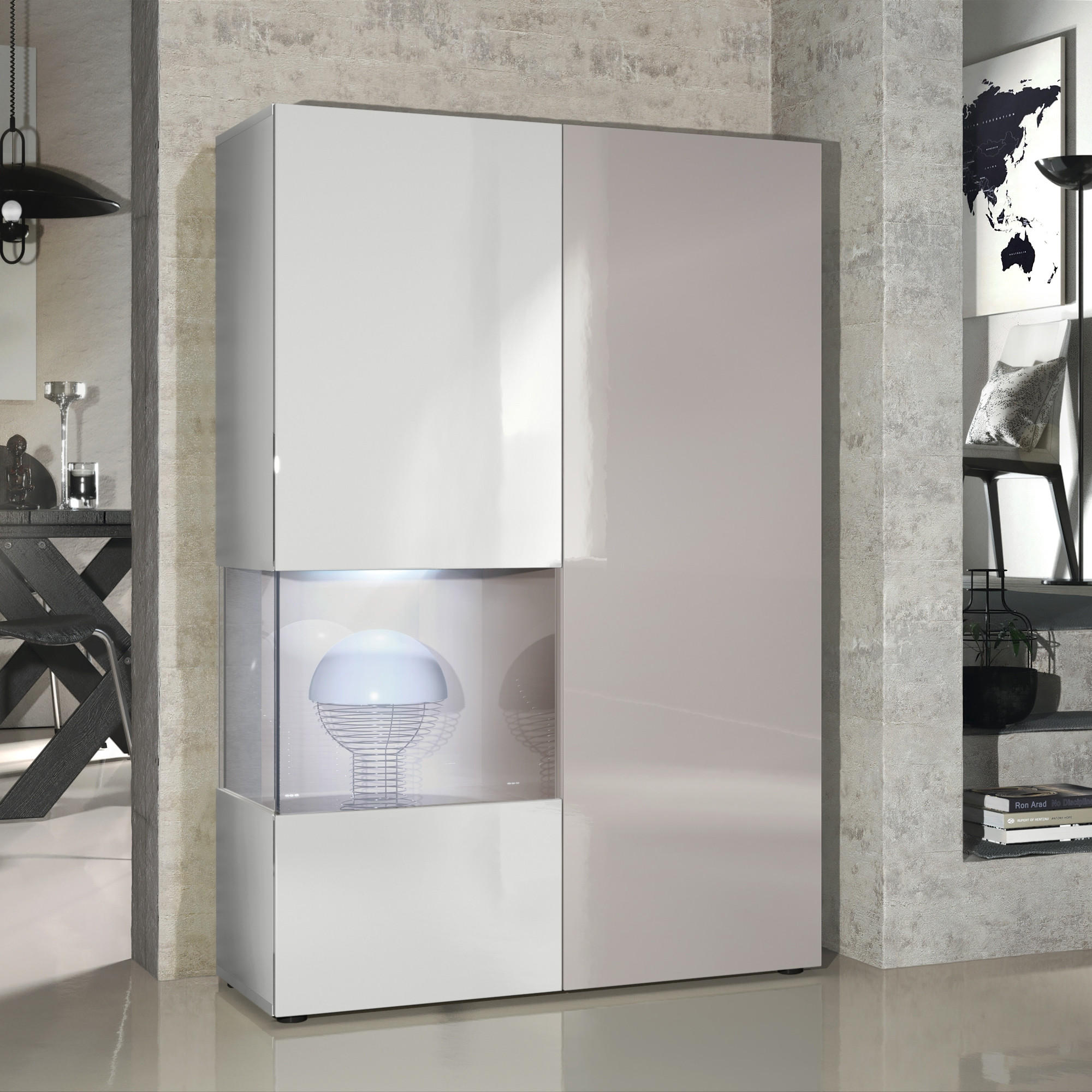 VITRINE Morena Tür und Einsatz in Sandgrau Hochglanz - Sandfarben, Holzwerkstoff (91.5/136.5/37cm) - Vladon